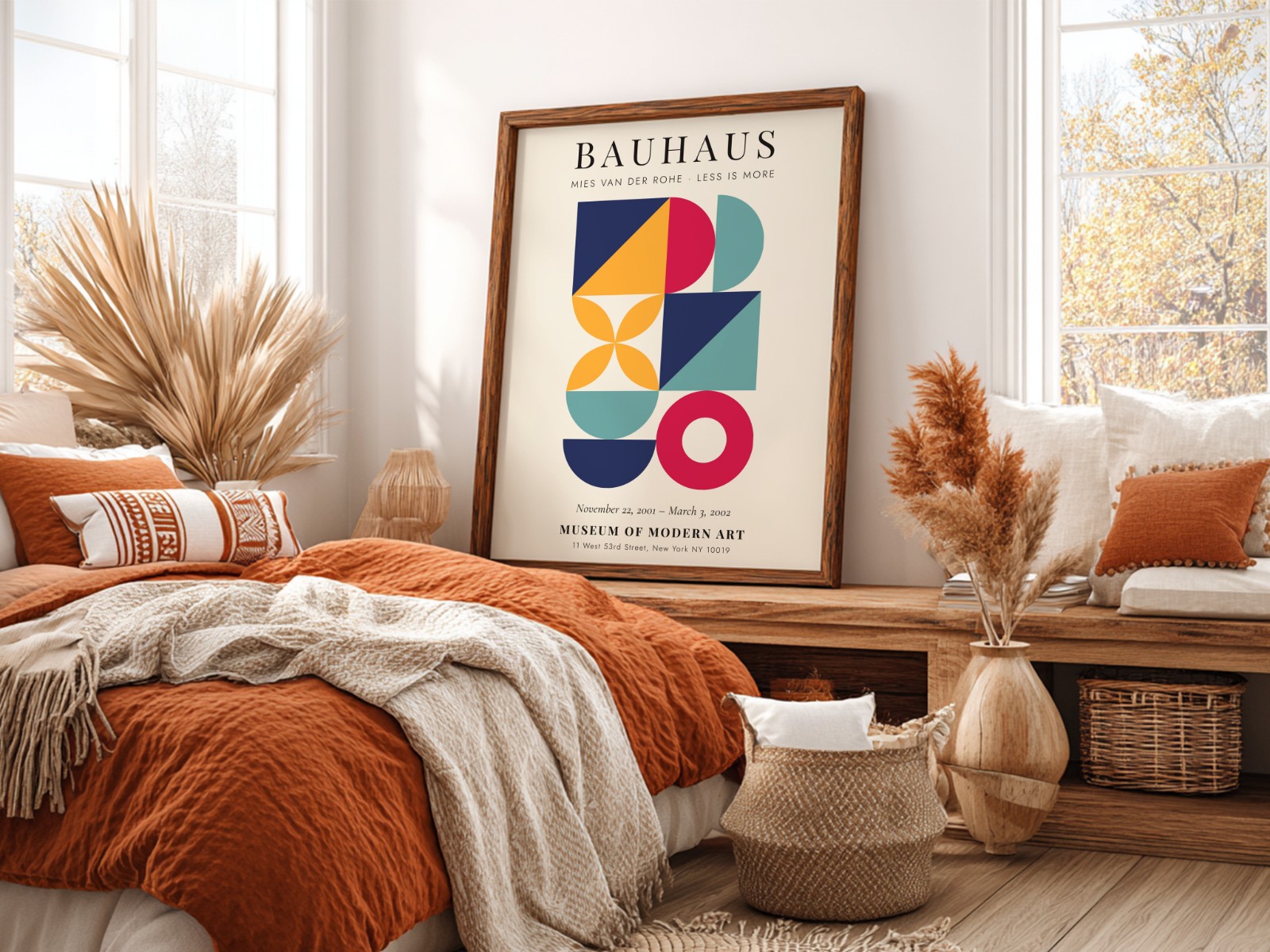 Dark Wood Frame in Terracotta Bedroom showing a Bauhaus geometric print