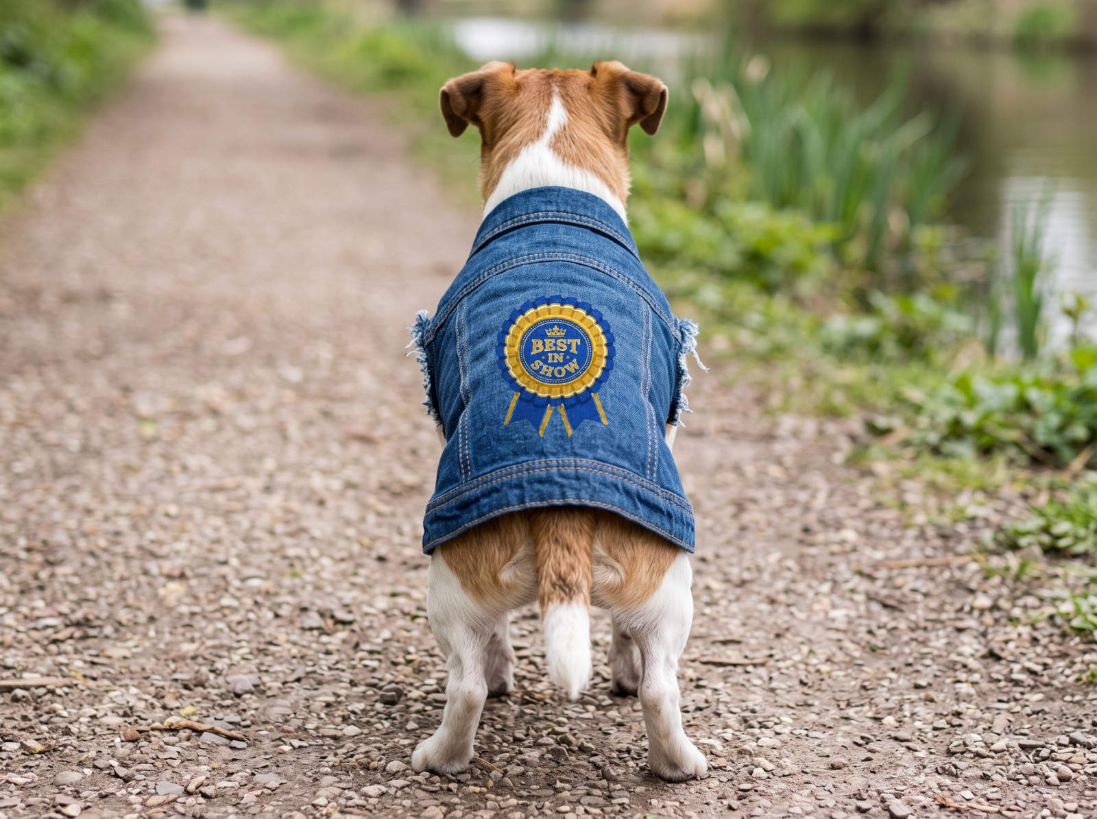 Denim Dog Jacket on a Jack Russell on a Canal Towpath showing a Best in Show rosette badge