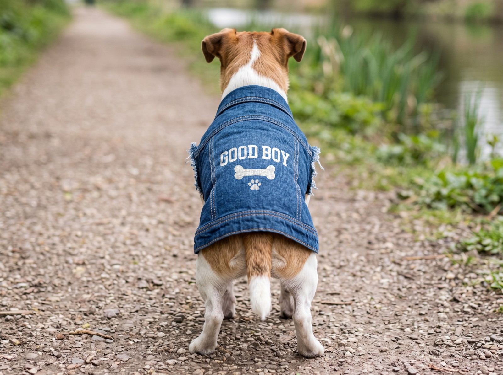 Denim Dog Jacket on a Jack Russell on a Canal Towpath showing a white-ink Good Boy varsity design