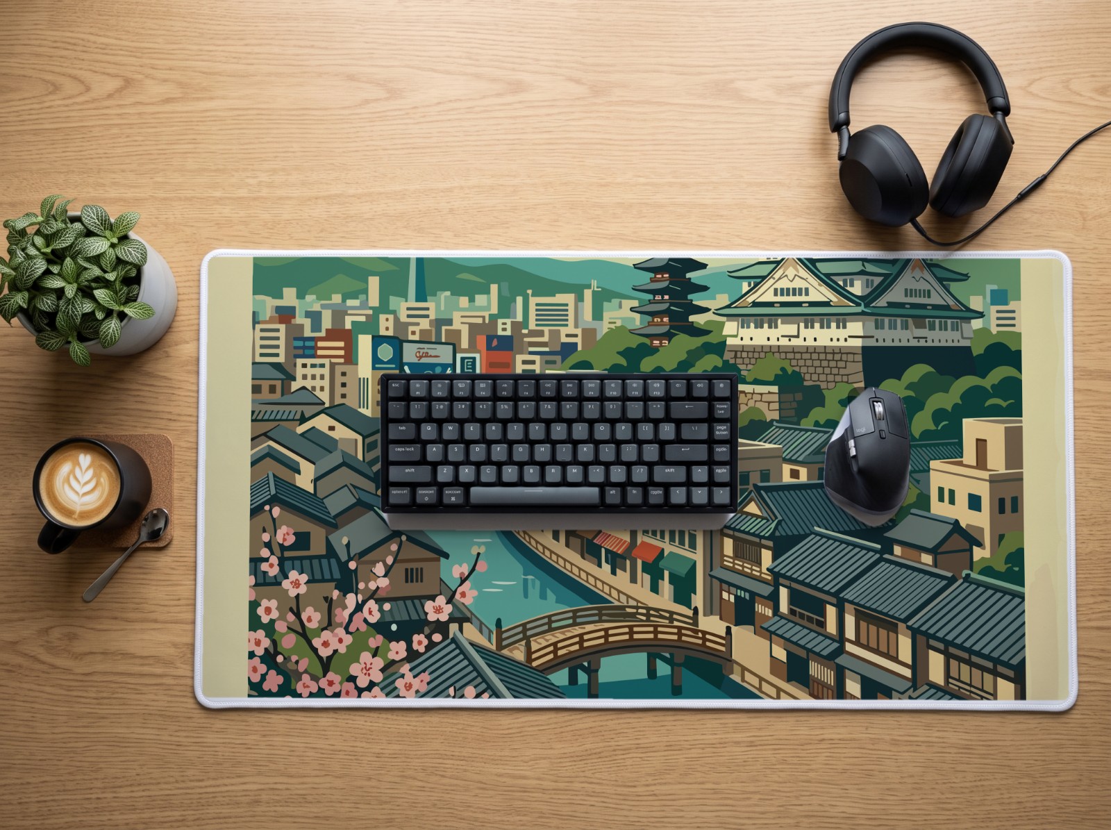 Desk Mat Flat Lay Mockup with Keyboard and Headphones example