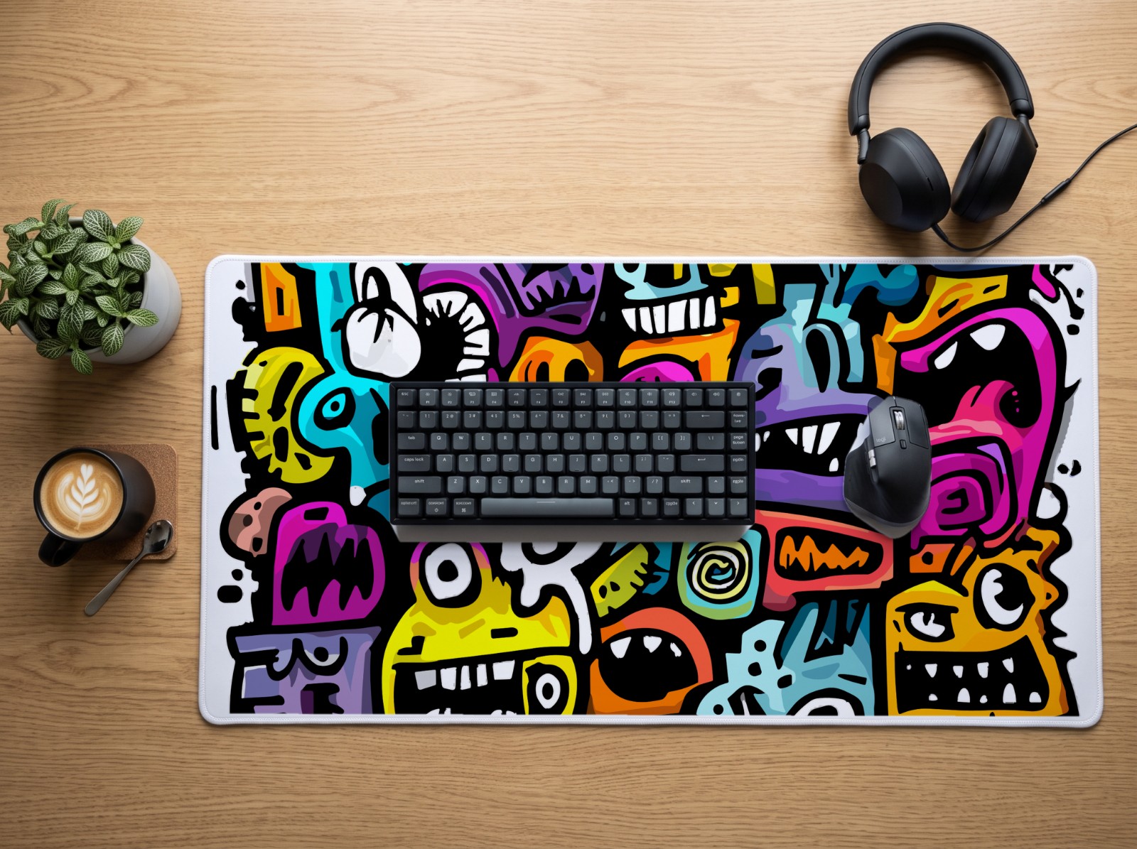 Desk Mat Flat Lay with Keyboard and Headphones showing the WTF monster doodles