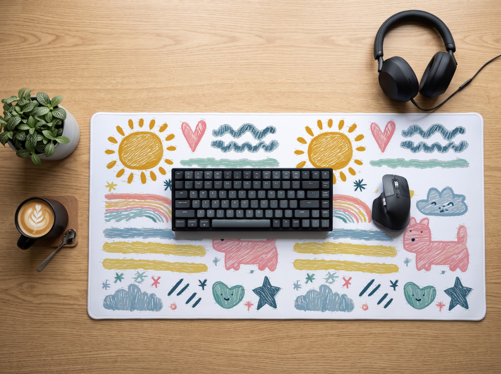 Desk Mat Flat Lay with Keyboard and Headphones showing the crayon doodles artwork