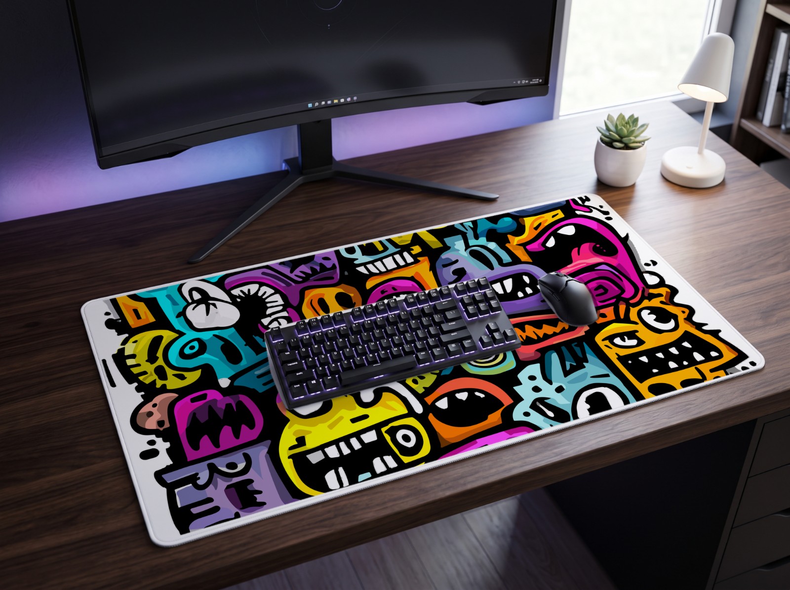 Desk Mat in a Gaming Setup with RGB Keyboard showing the WTF monster doodles