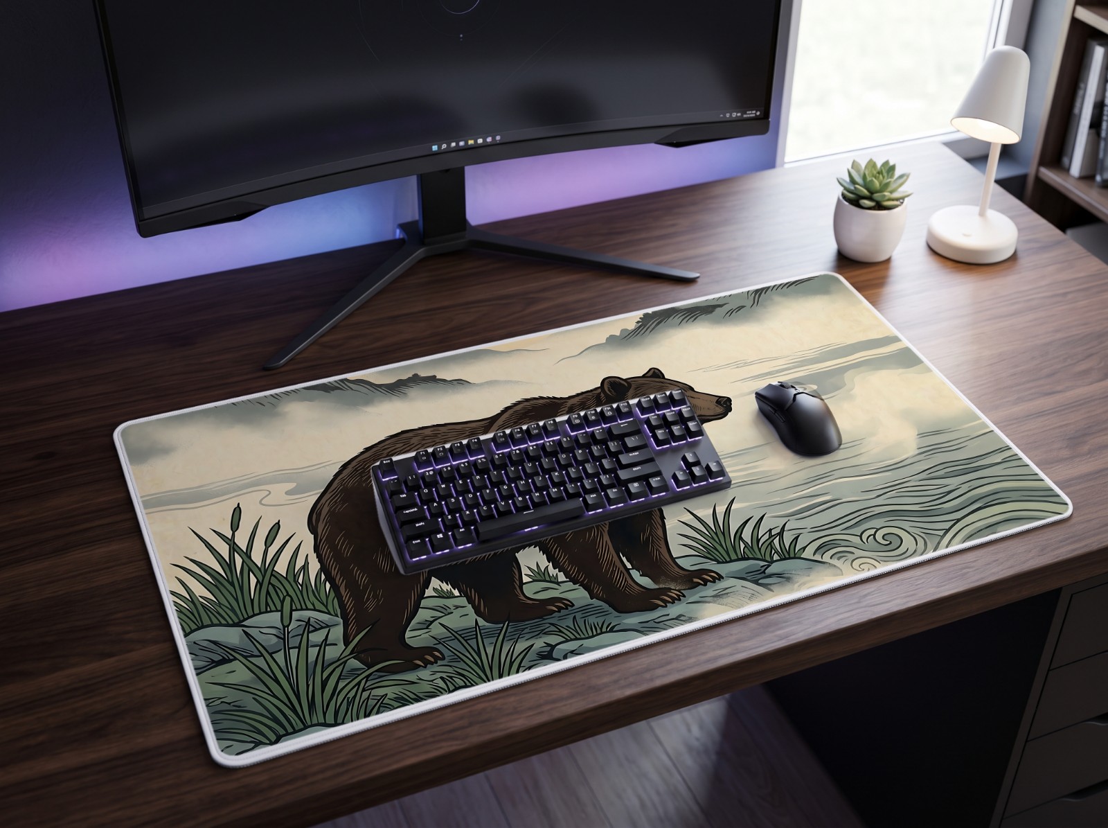 Desk Mat in a Gaming Setup with RGB Keyboard showing the Bear River Mist art print