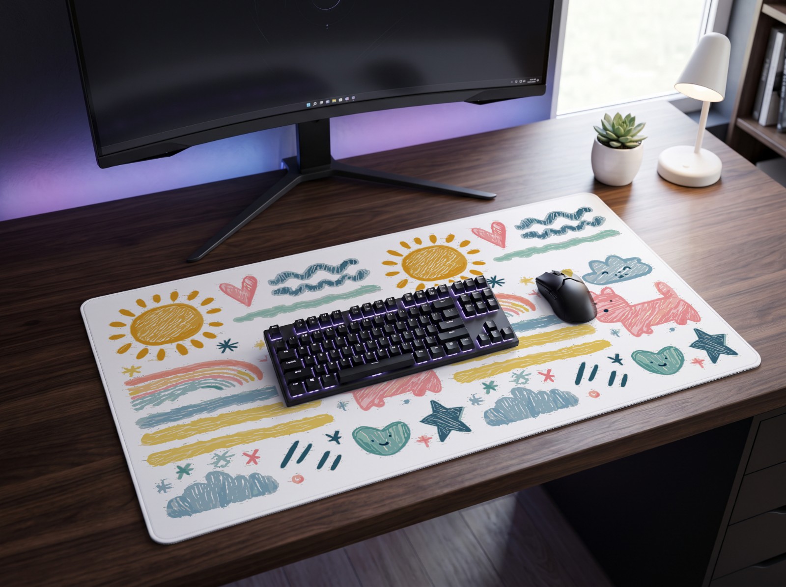 Desk Mat in a Gaming Setup with RGB Keyboard showing the crayon doodles artwork