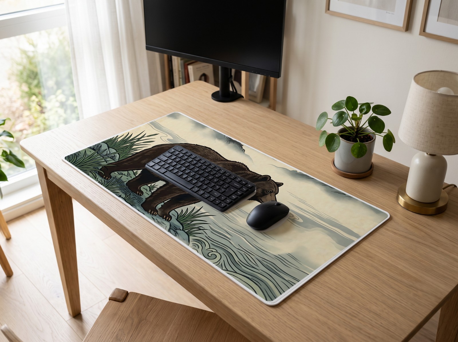 Desk Mat on a Minimalist Oak Desk showing the Bear River Mist art print