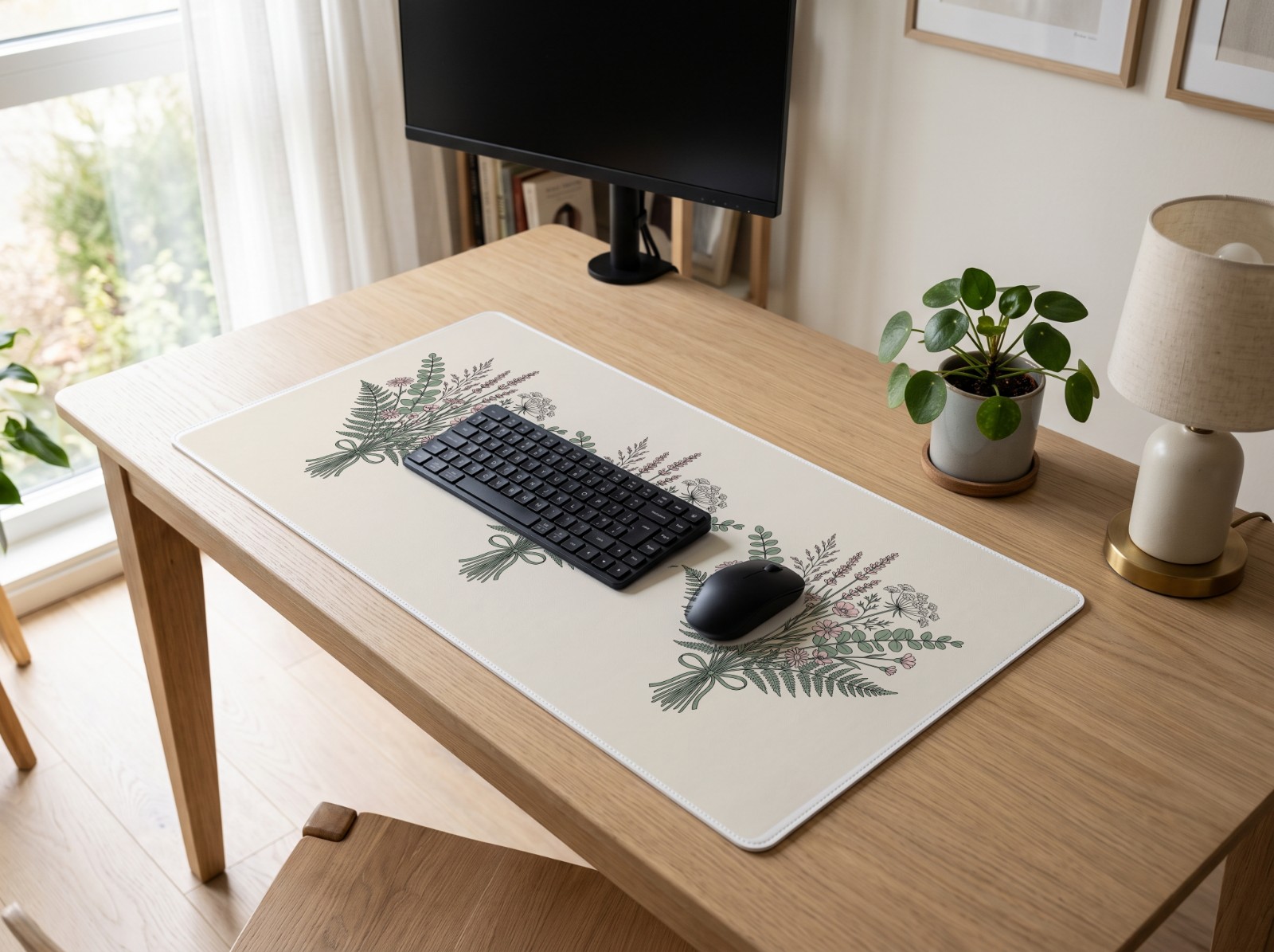 Desk Mat on a Minimalist Oak Desk showing the botanical bouquet line art