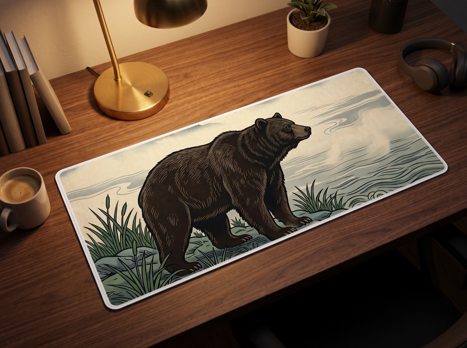 Desk Mat Mockup on a Walnut Desk with a Brass Lamp example