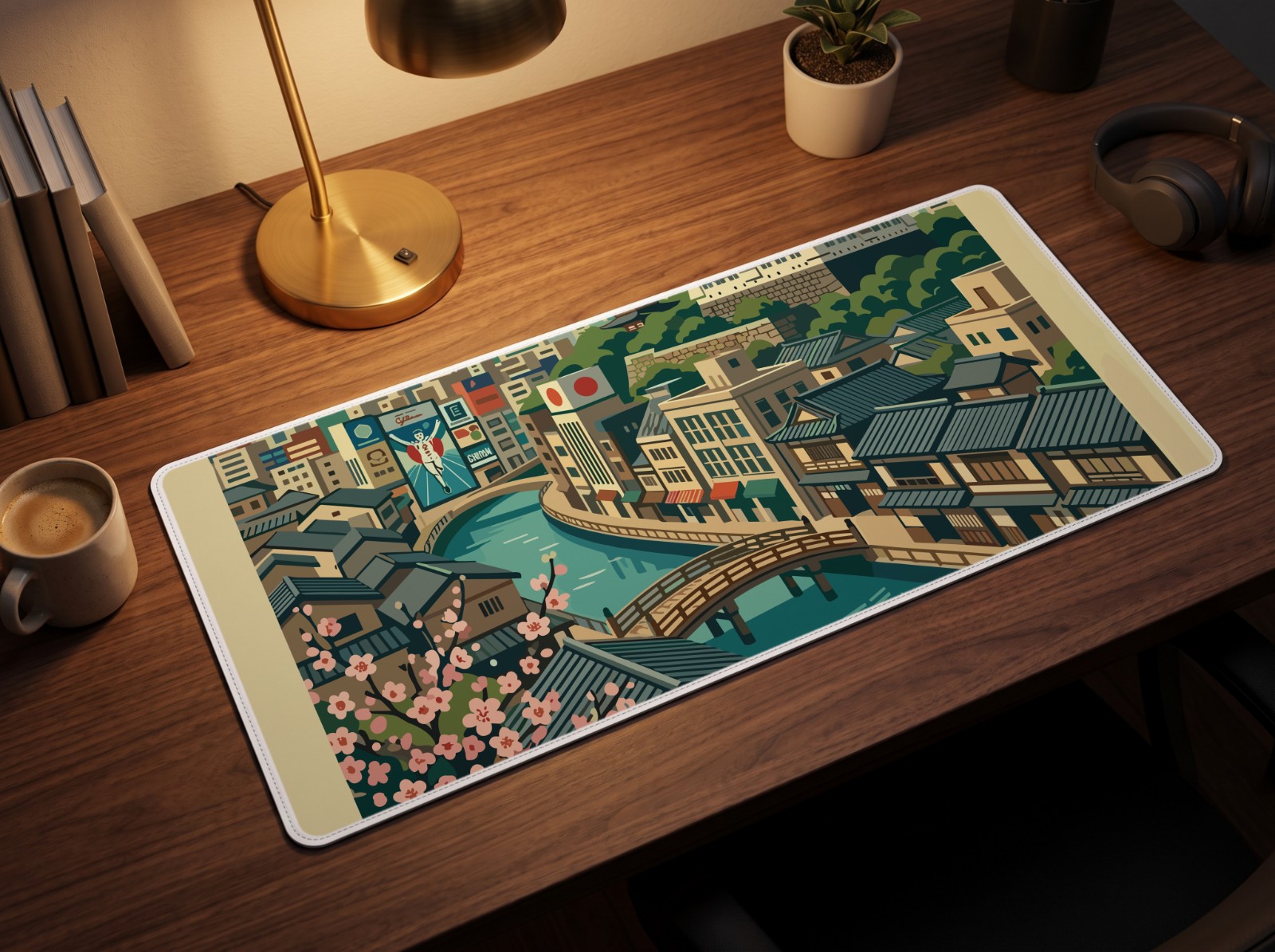 Desk Mat on a Walnut Desk with a Brass Lamp showing the Osaka Japan travel print