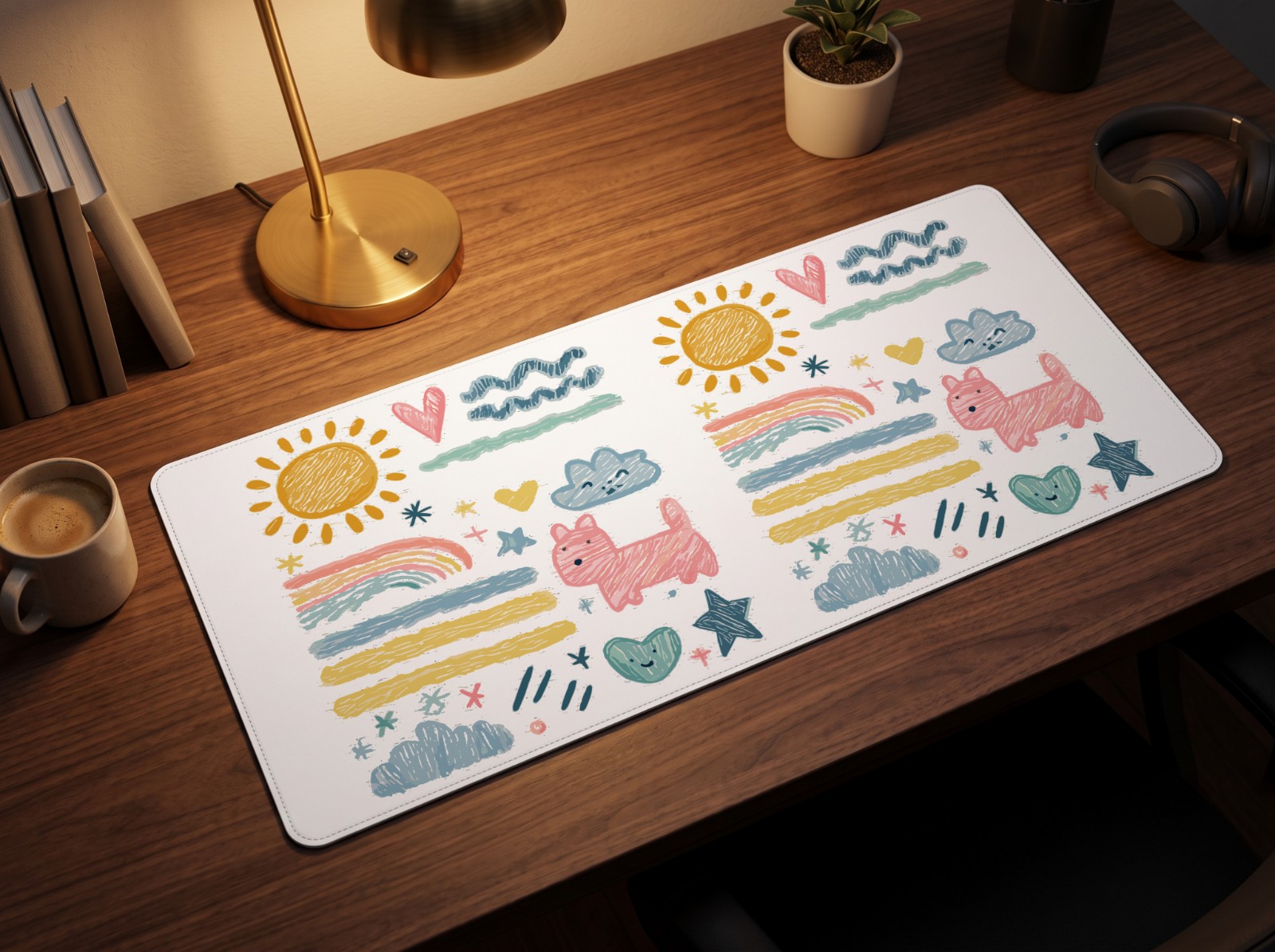 Desk Mat on a Walnut Desk with a Brass Lamp showing the crayon doodles artwork