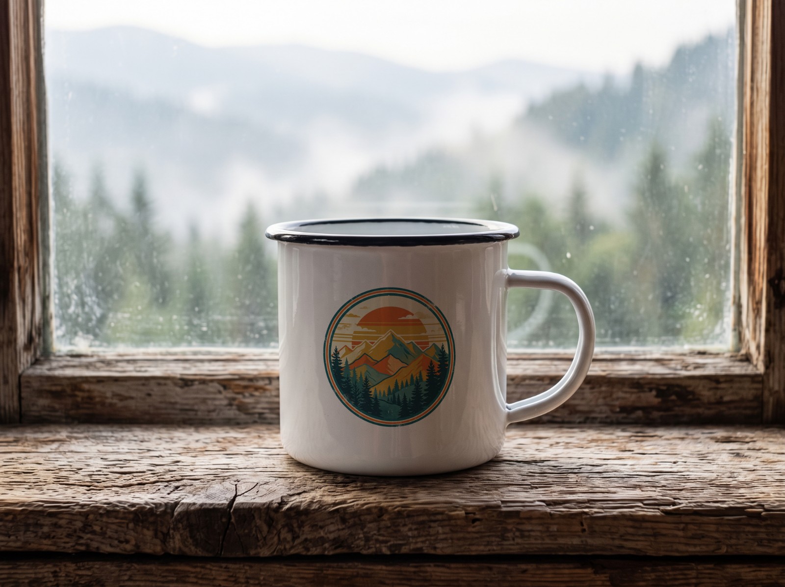 Enamel Camp Mug Mockup on a Cabin Windowsill example
