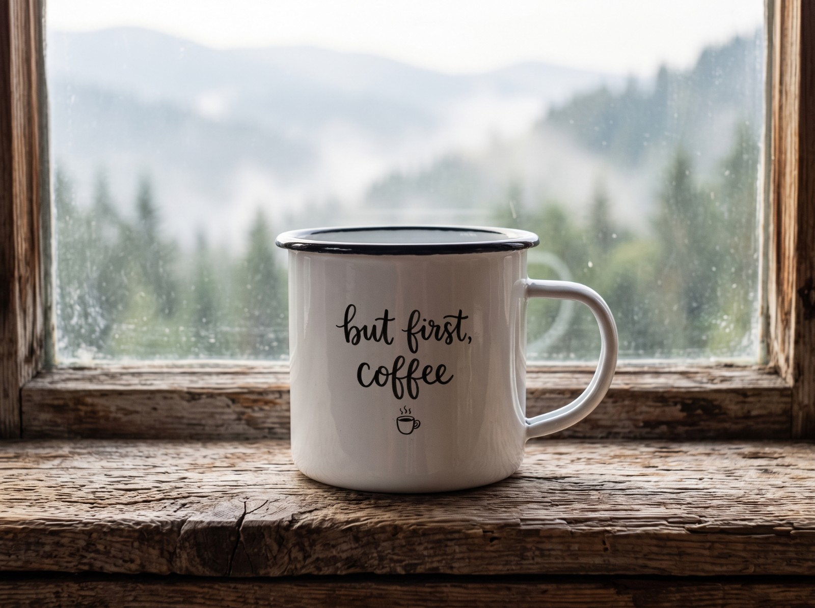Enamel Camp Mug on a Cabin Windowsill showing a But First Coffee lettering design
