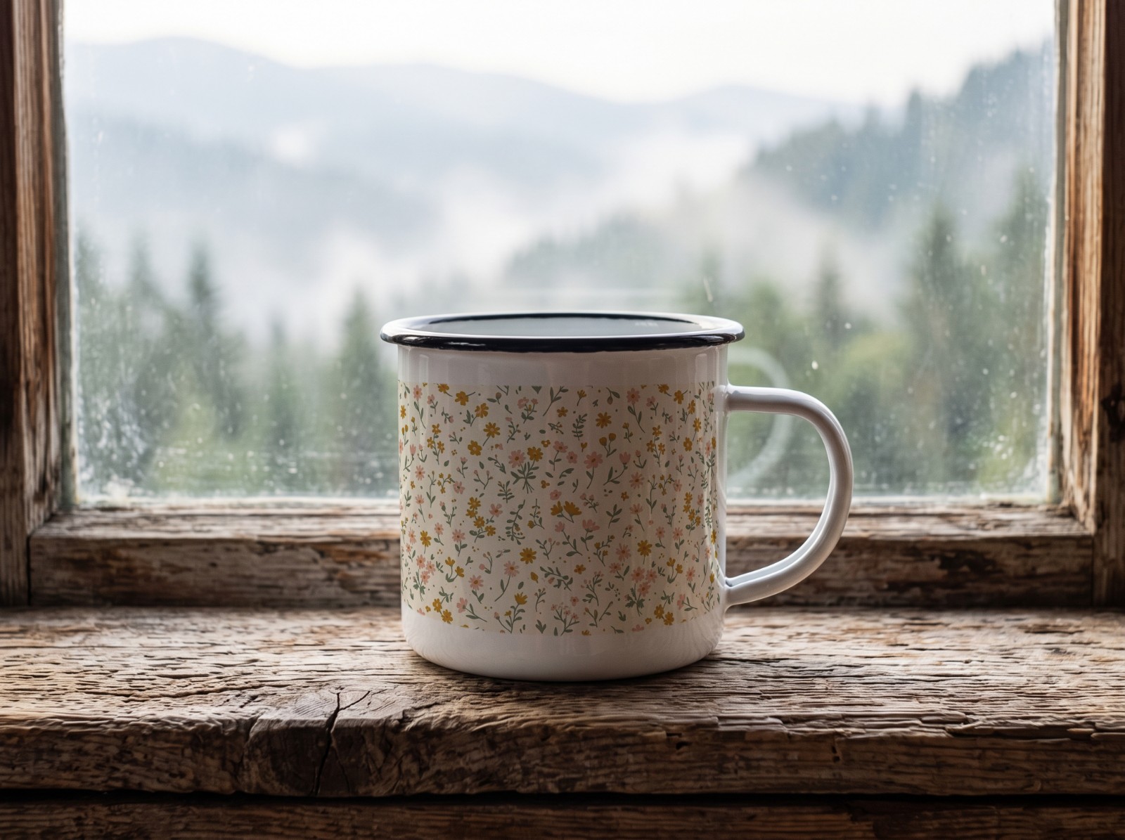 Enamel Camp Mug on a Cabin Windowsill showing a ditsy wildflower pattern