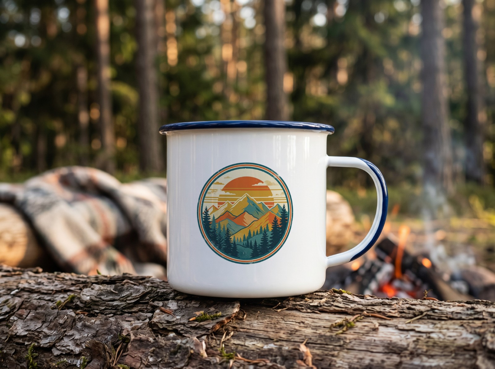 Enamel Camp Mug Mockup on a Log by the Campfire example