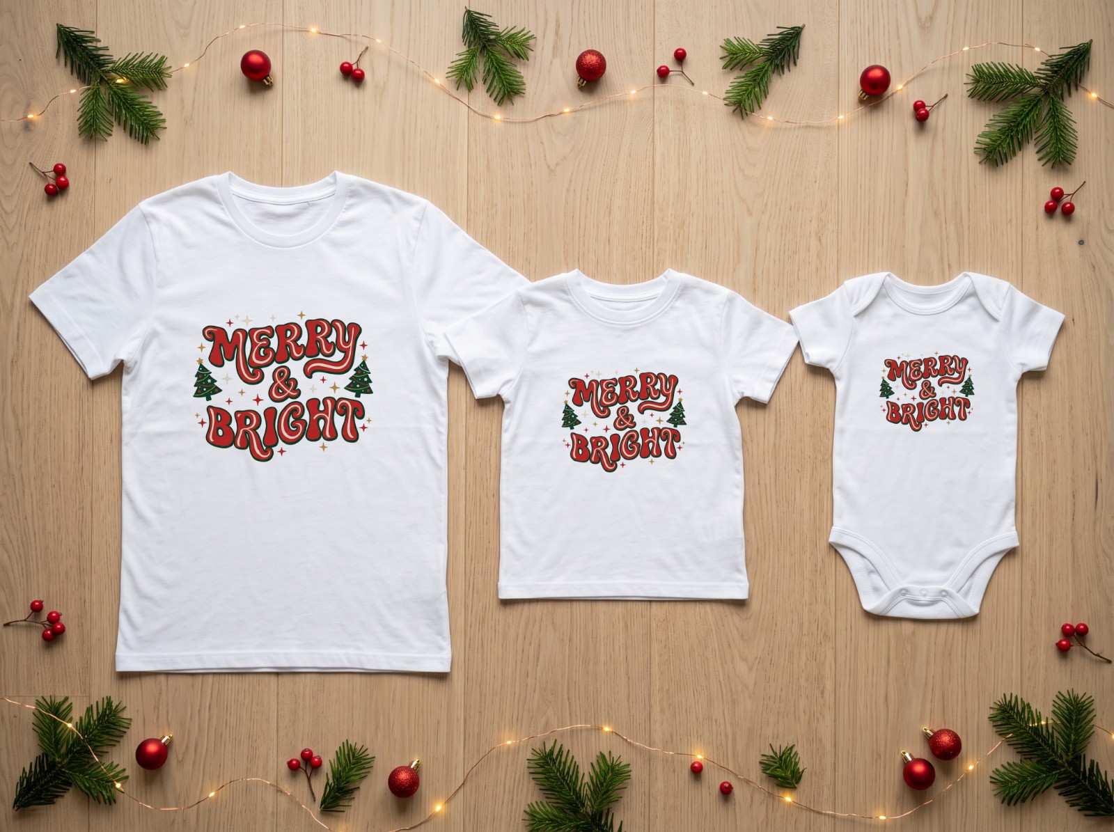 Family Matching Christmas T-Shirts Mockup Flat Lay: Adult, Kid and Baby example