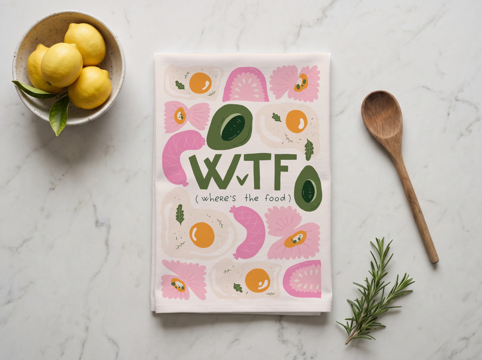 Folded Tea Towel on a Marble Counter with Lemons showing the WTF (Where's the Food) print