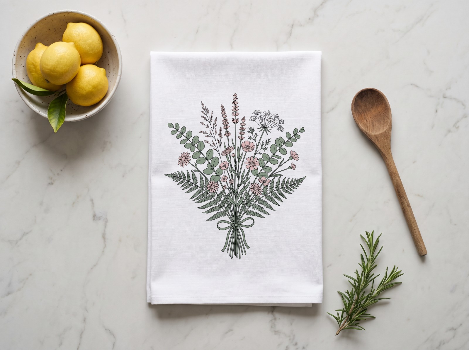 Folded Tea Towel on a Marble Counter with Lemons showing the botanical bouquet line art