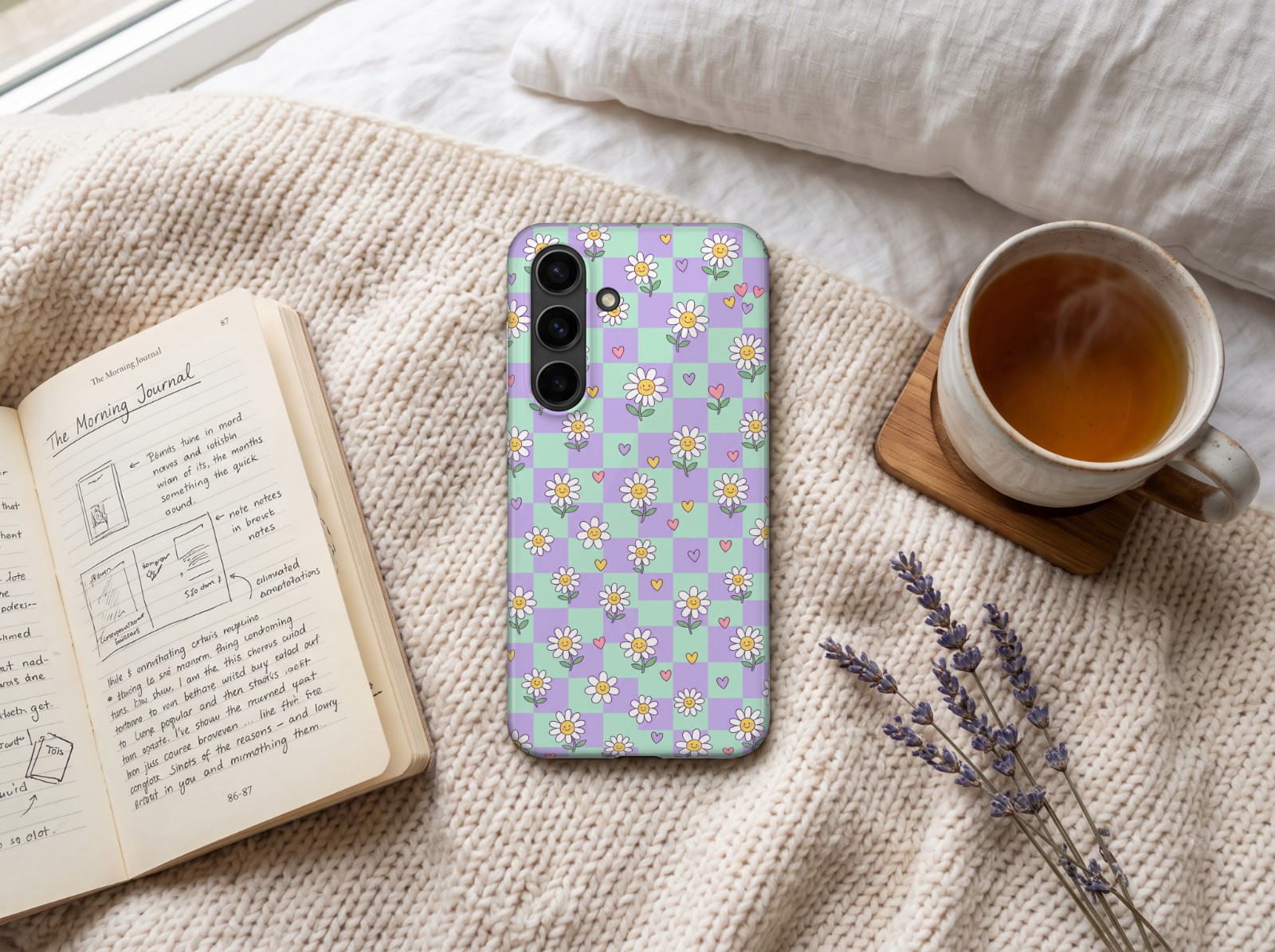 Samsung Galaxy S24 Case on a Knit Blanket showing a pastel checkerboard daisy print