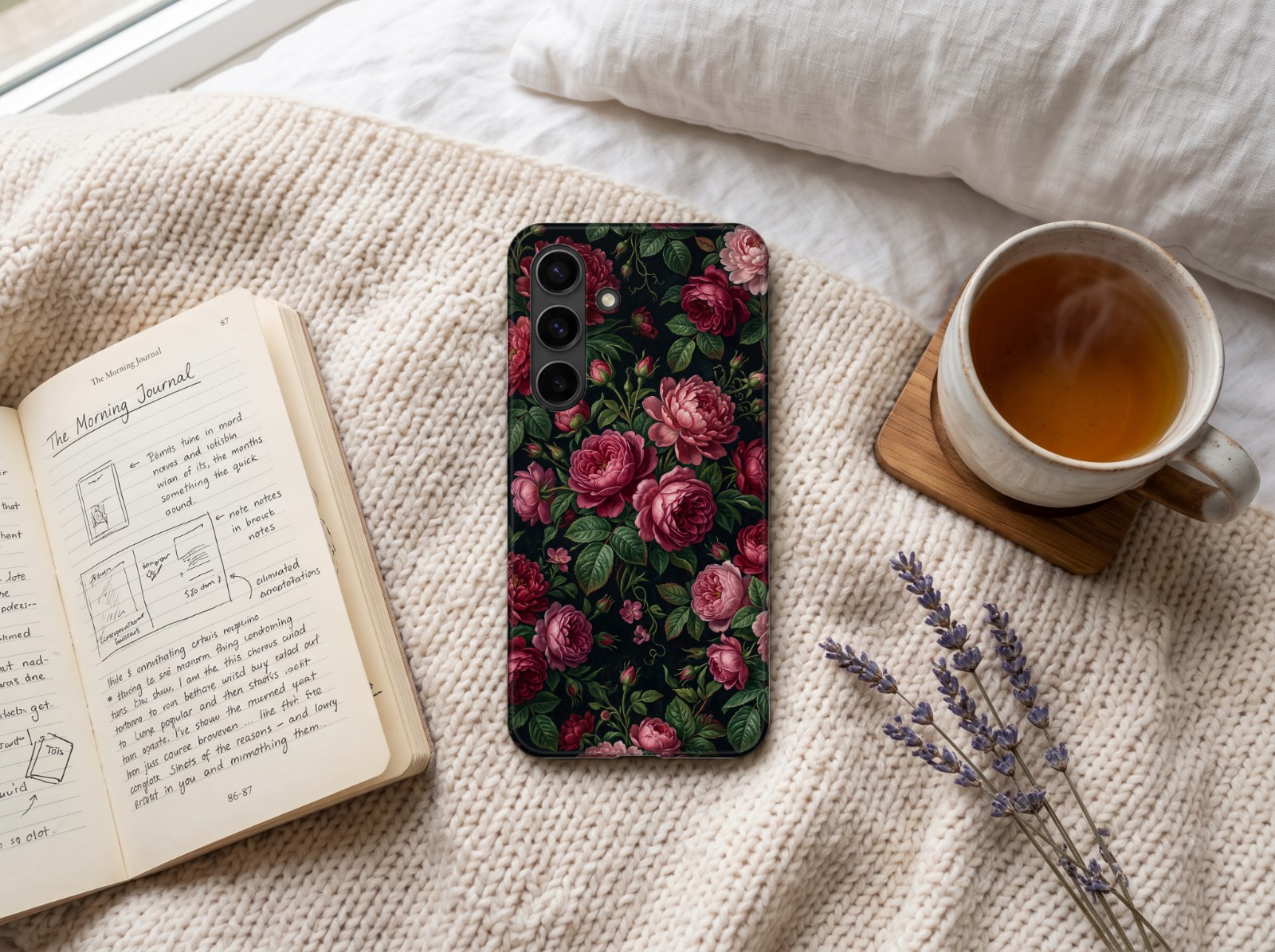 Samsung Galaxy S24 Case on a Knit Blanket showing a dark moody floral print