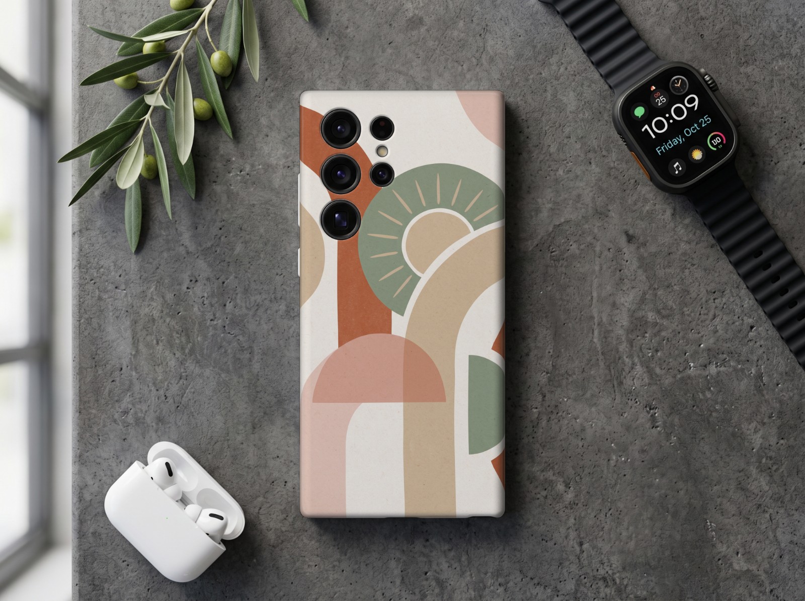 Samsung Galaxy S25 Ultra Case on Concrete showing a boho arches print