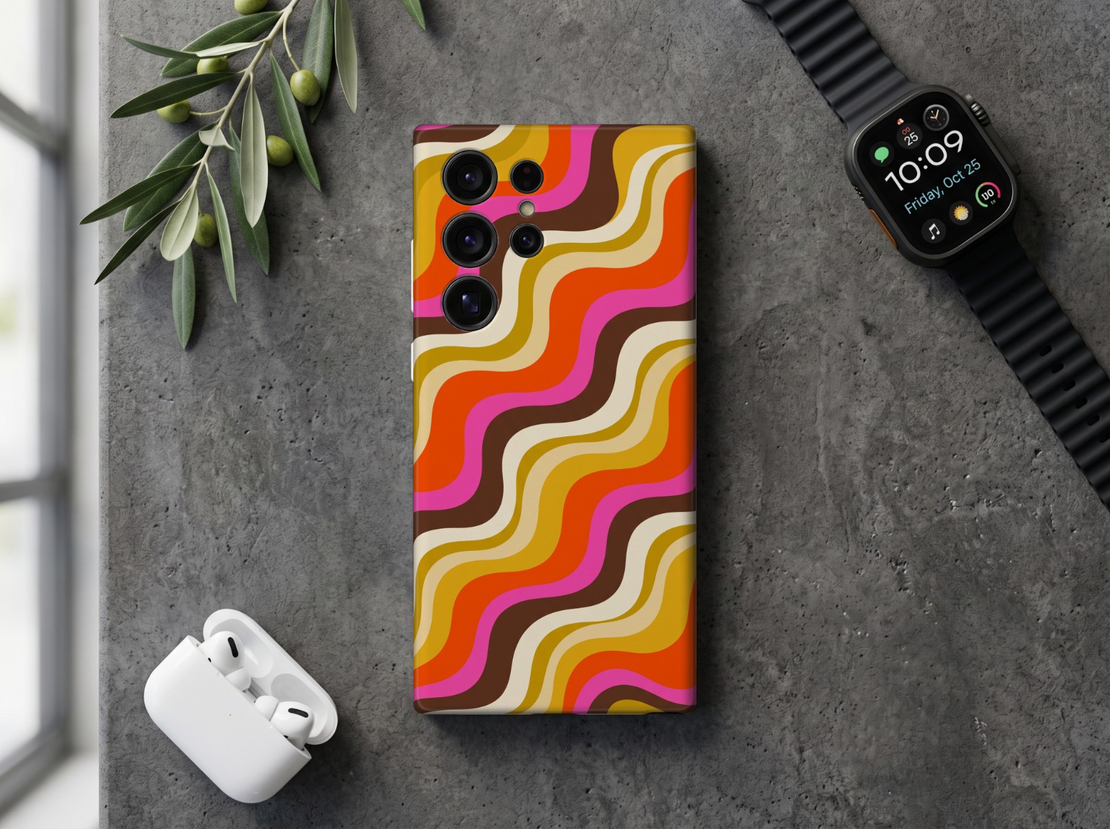 Samsung Galaxy S25 Ultra Case on Concrete showing a retro 70s wavy stripe print