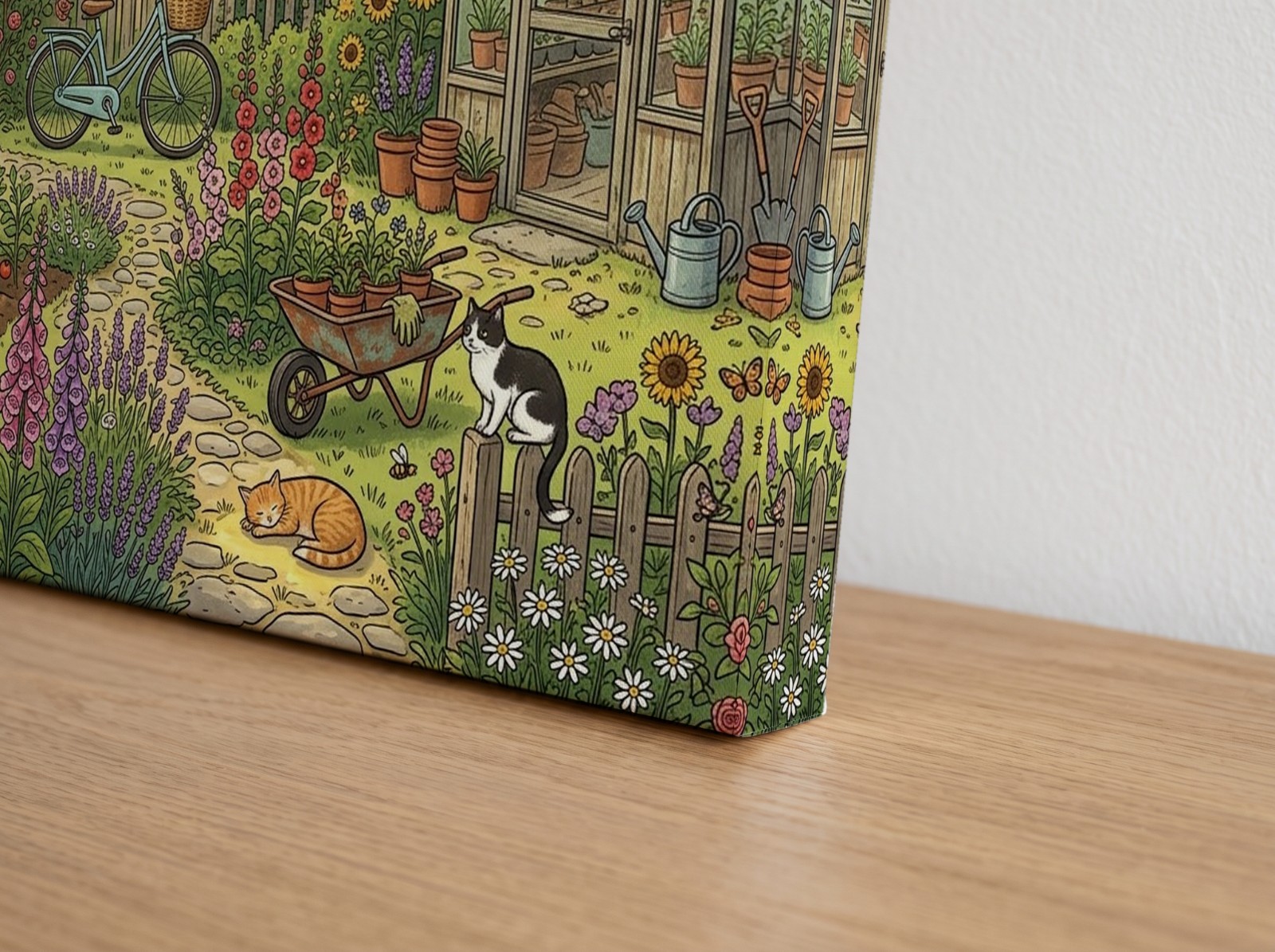 Corner close-up of a mirror edge canvas with an illustrated cottage garden print on an oak sideboard