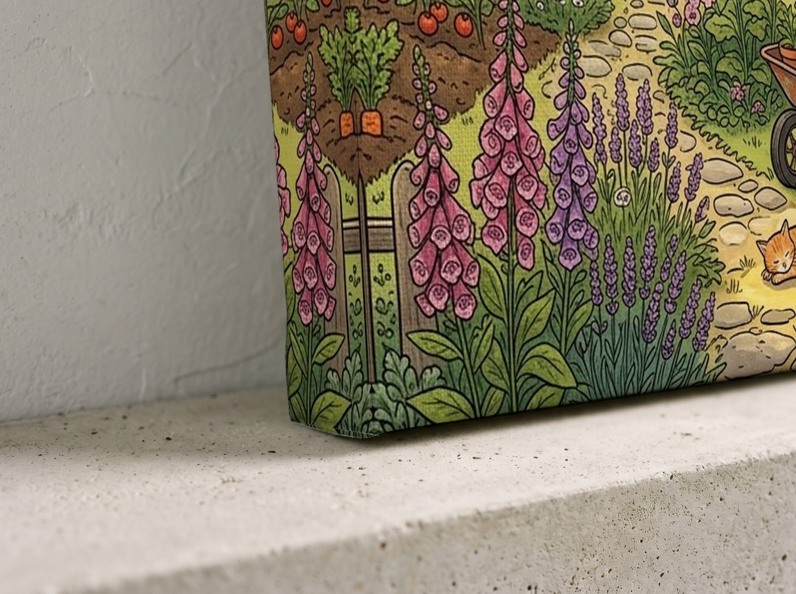 Corner close-up of a textured mirror edge canvas with an illustrated garden print on a concrete shelf