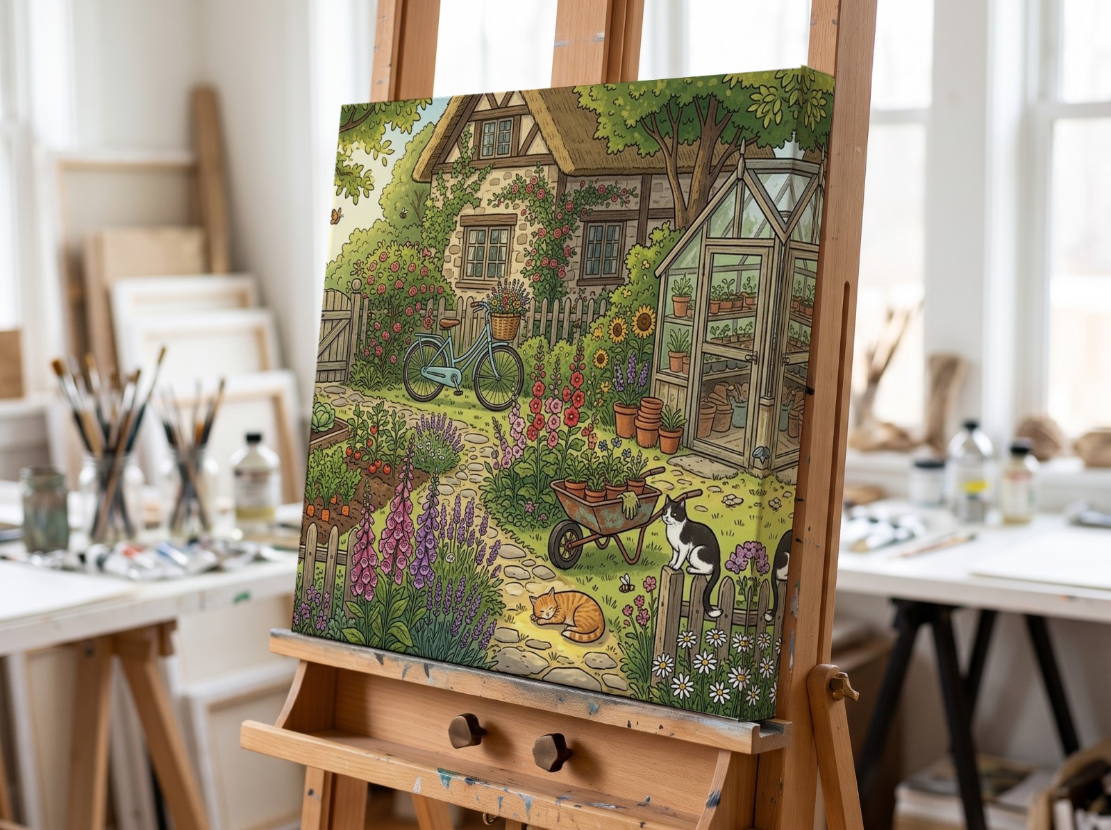 Gallery Wrap Canvas with a 1.25" Mirror Edge on a Studio Easel showing a cottage garden illustration