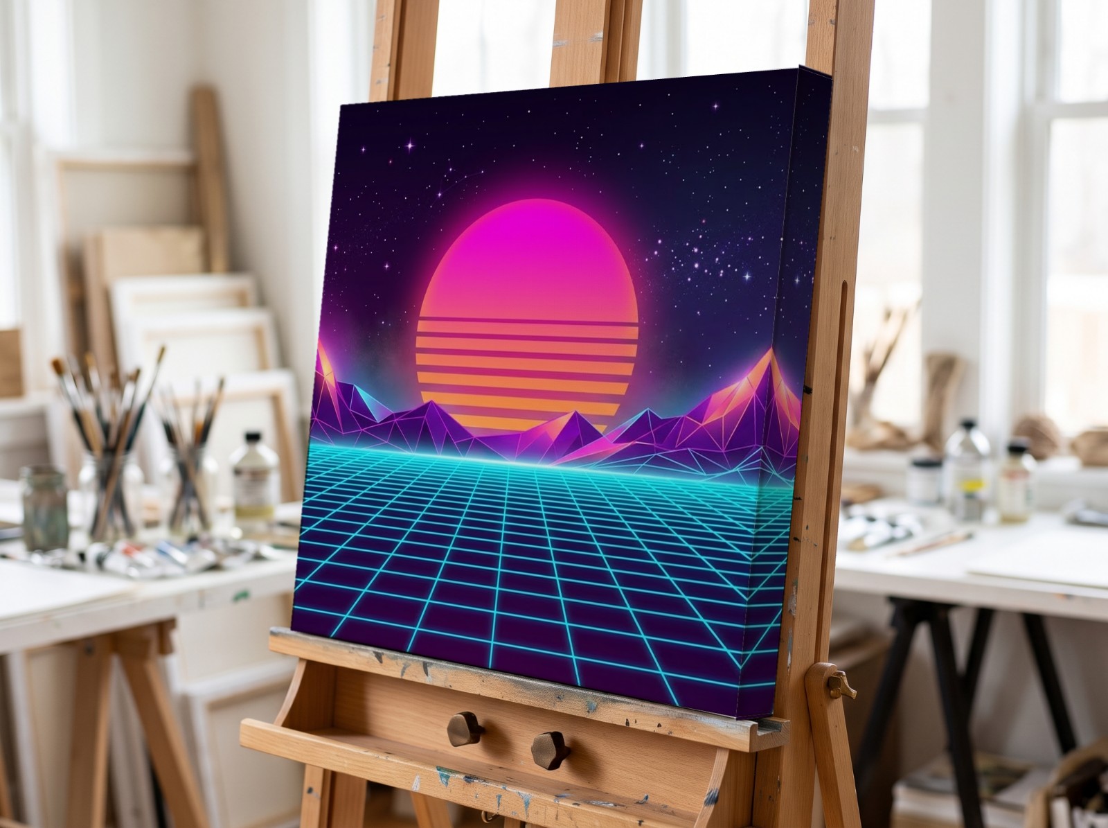 Gallery Wrap Canvas with a 1.25" Mirror Edge on a Studio Easel showing a neon synthwave landscape