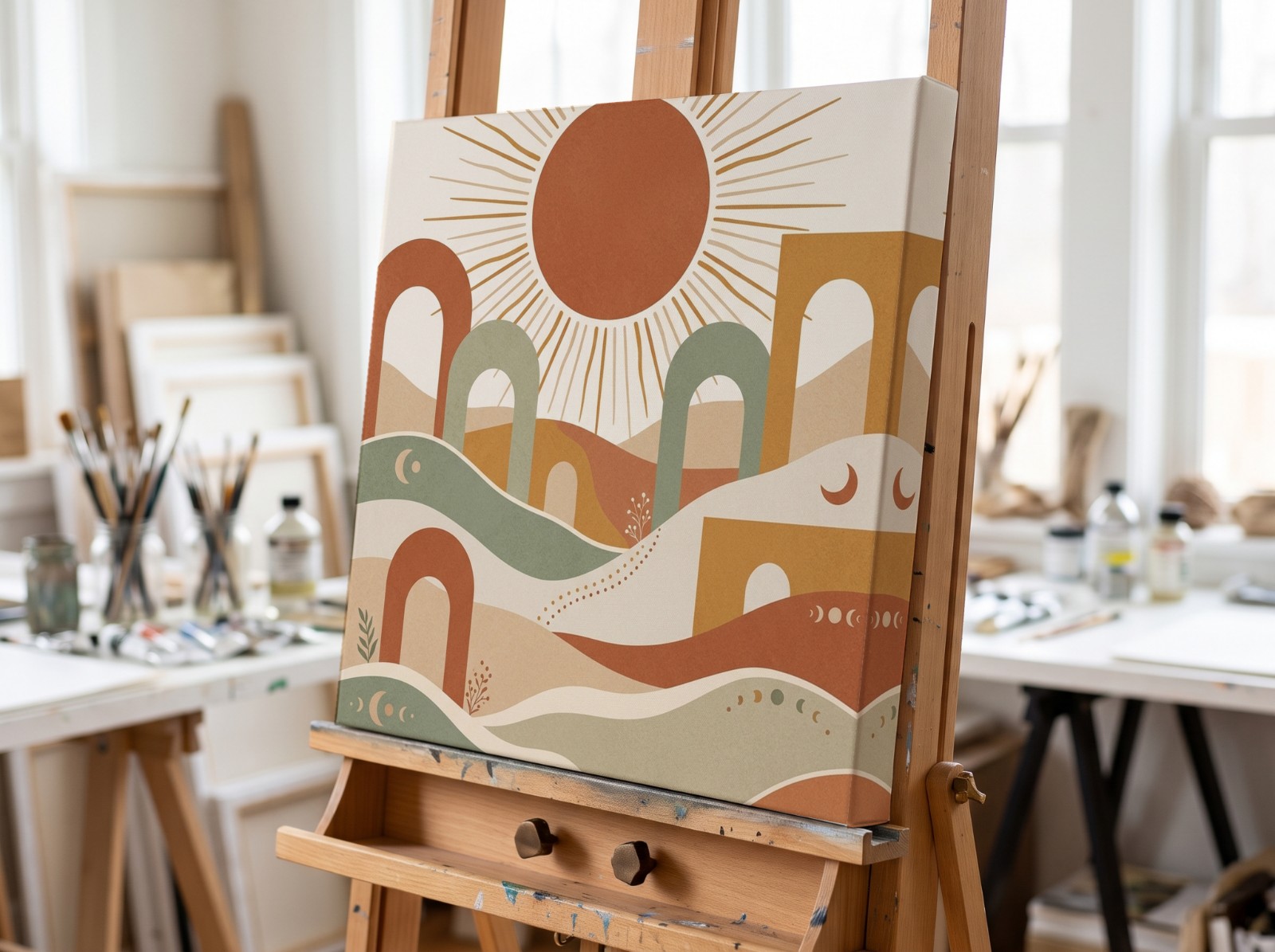 Gallery Wrap Canvas with a 1.25" Mirror Edge on a Studio Easel showing a boho sun wall art