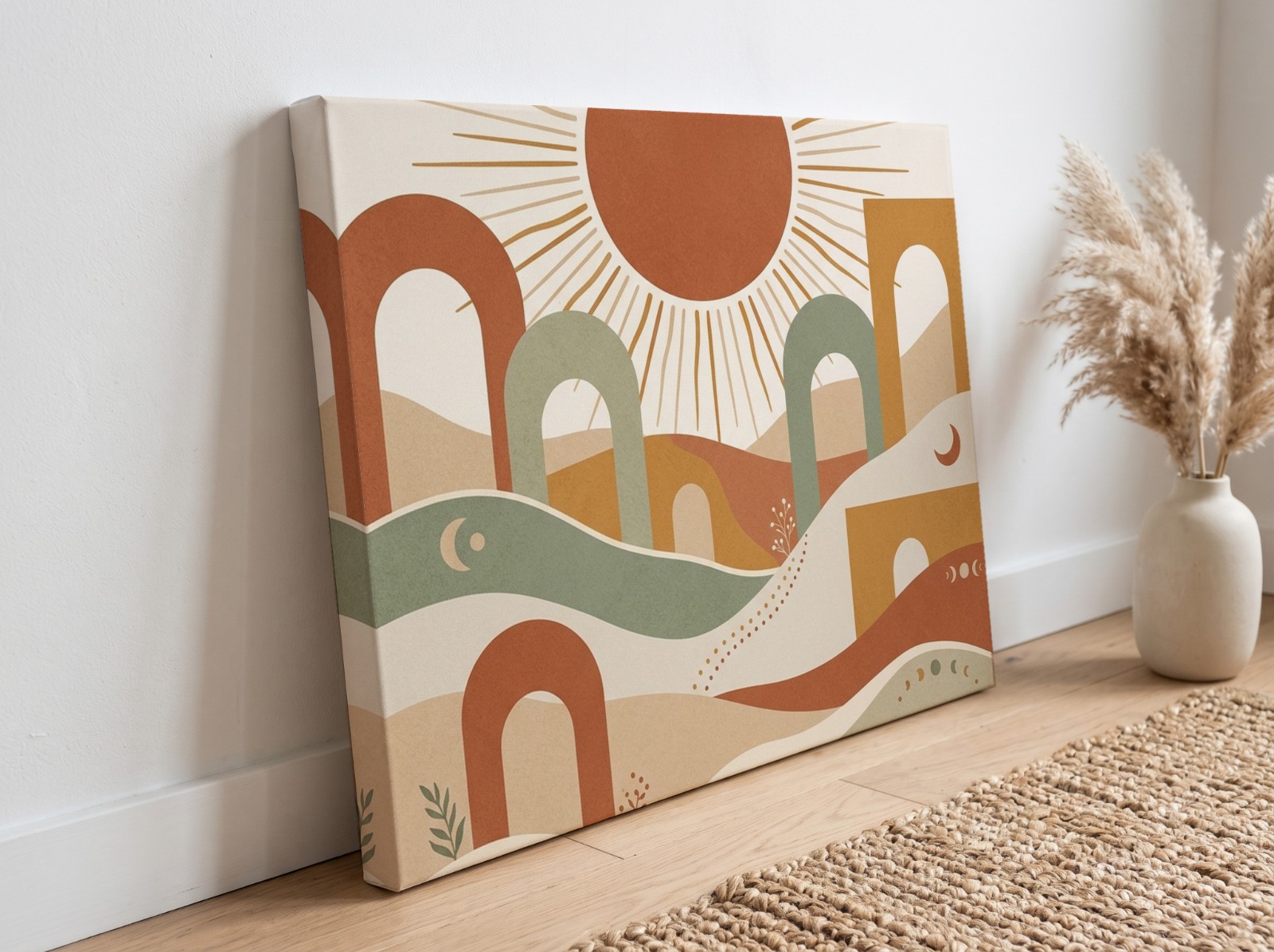 Gallery Wrap Canvas with a 1.25" Mirror Edge Leaning on a Wooden Floor showing a boho sun wall art