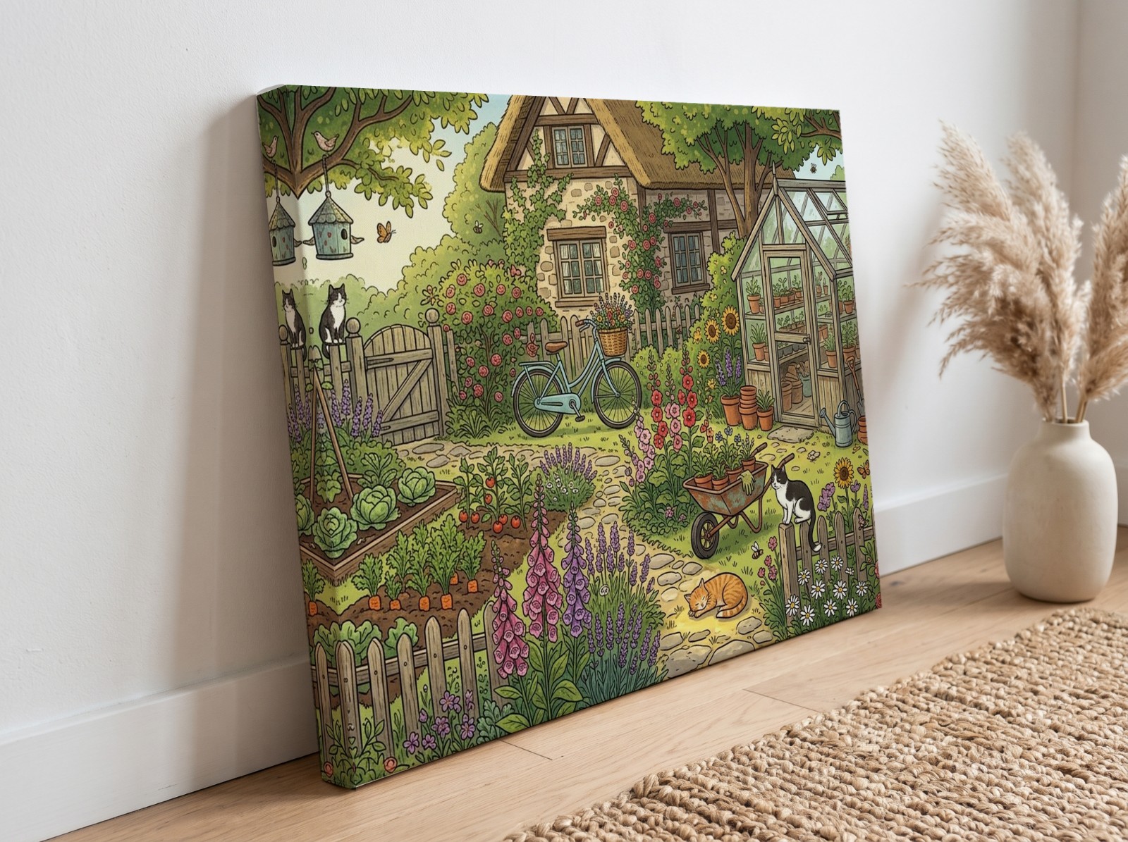Gallery Wrap Canvas with a 1.25" Mirror Edge Leaning on a Wooden Floor showing a cottage garden illustration