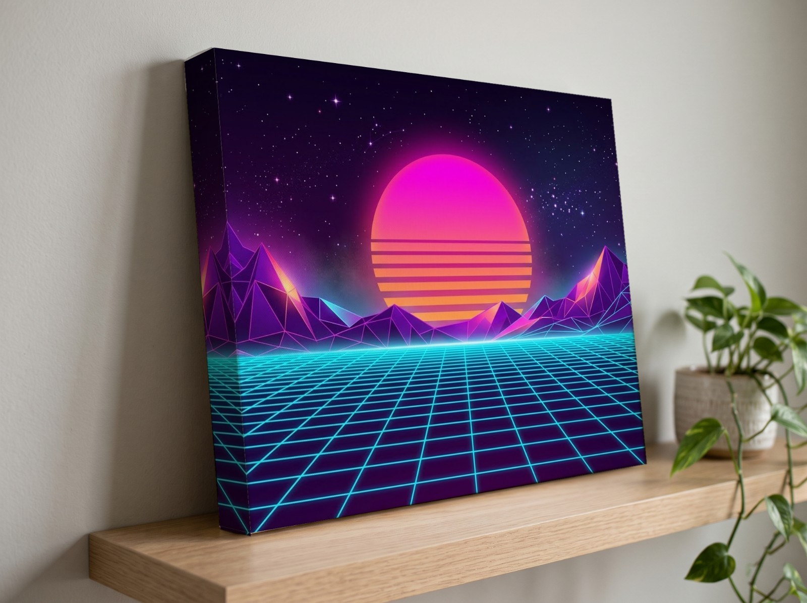 Gallery Wrap Canvas with a 1.25" Mirror Edge on an Oak Shelf showing a neon synthwave landscape