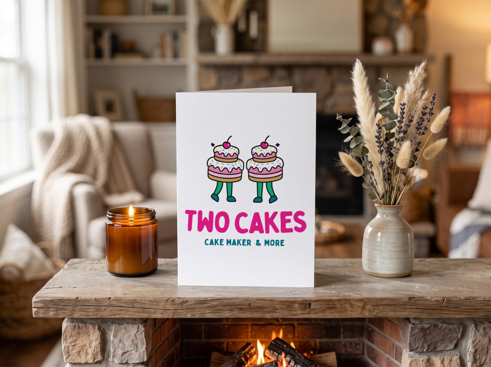 Folded Greeting Card Mockup on a Fireplace Mantel example