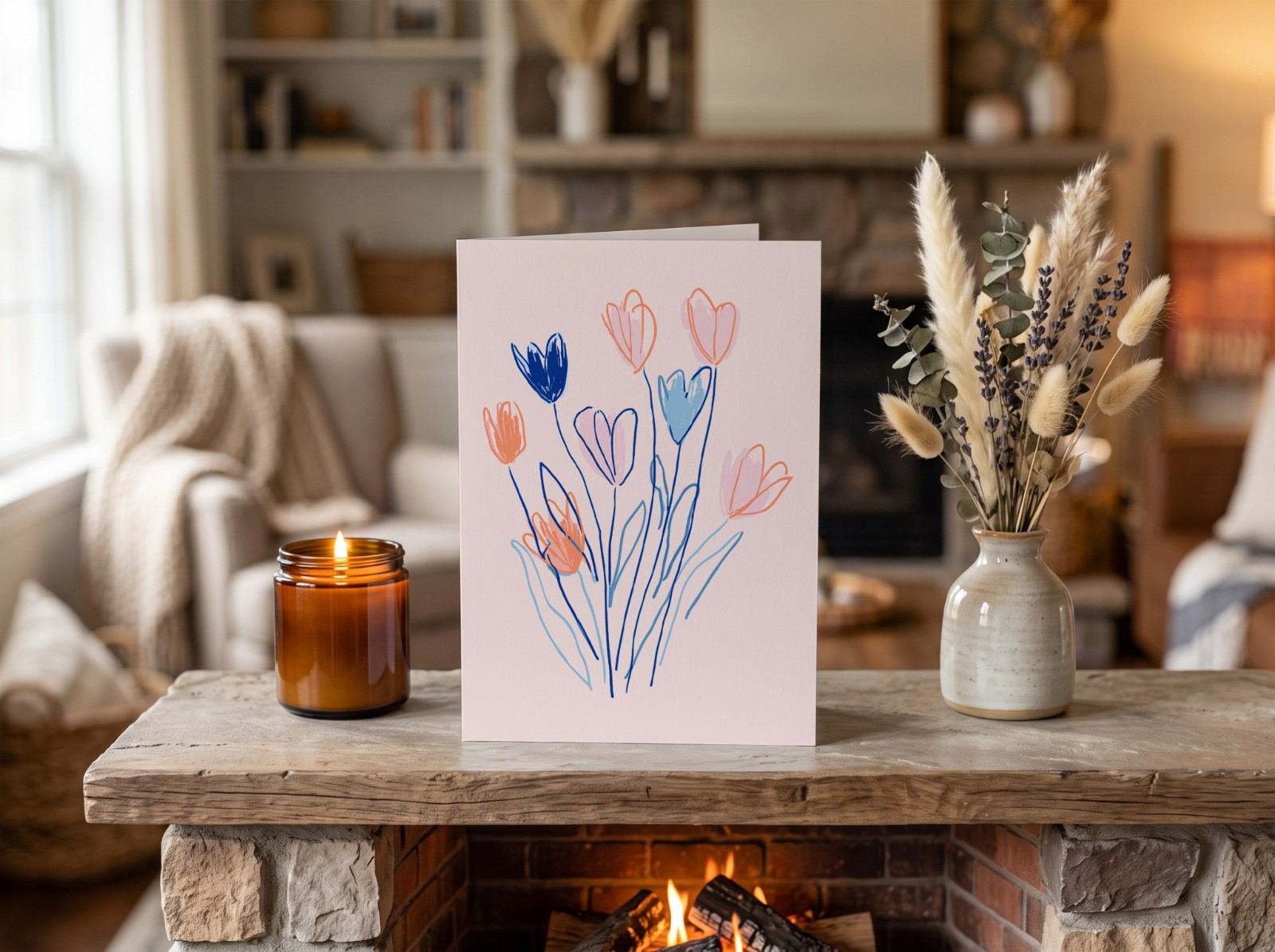 Folded Greeting Card on a Fireplace Mantel showing the hand-drawn Flowers artwork