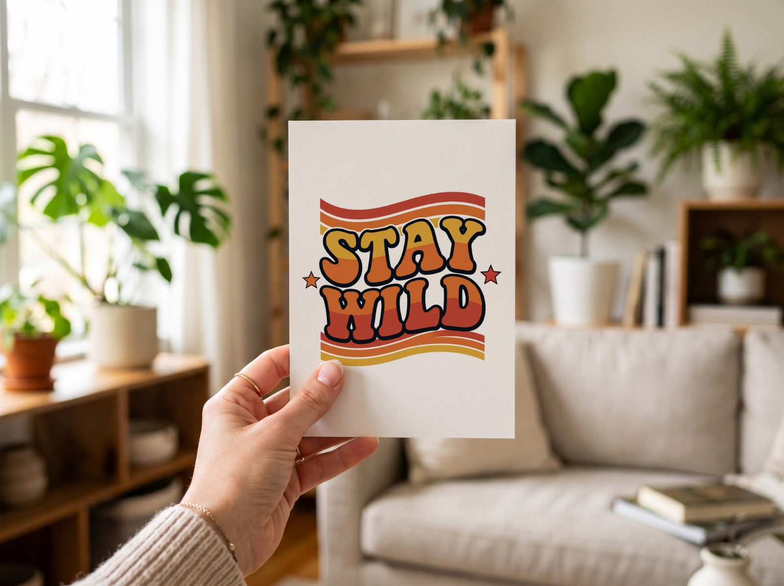 Greeting Card Held in Hand Mockup in a Bright Living Room example