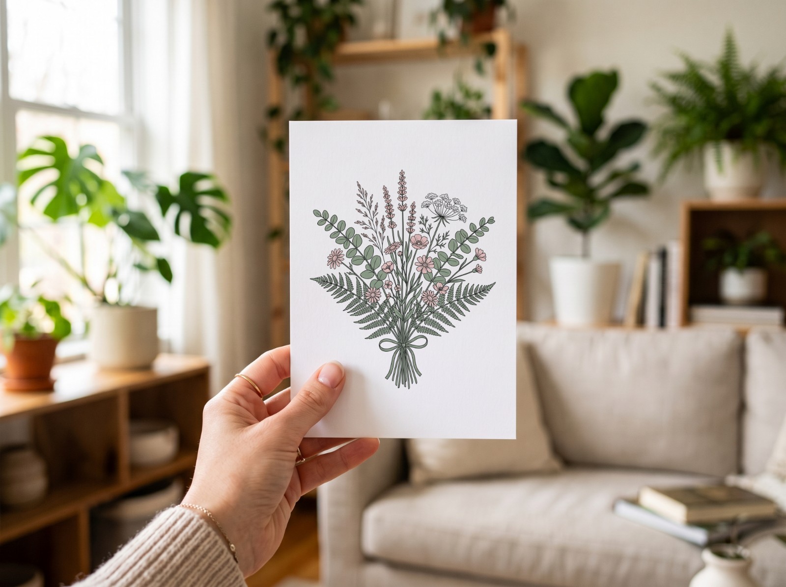 Greeting Card Held in Hand in a Bright Living Room showing the botanical bouquet line art