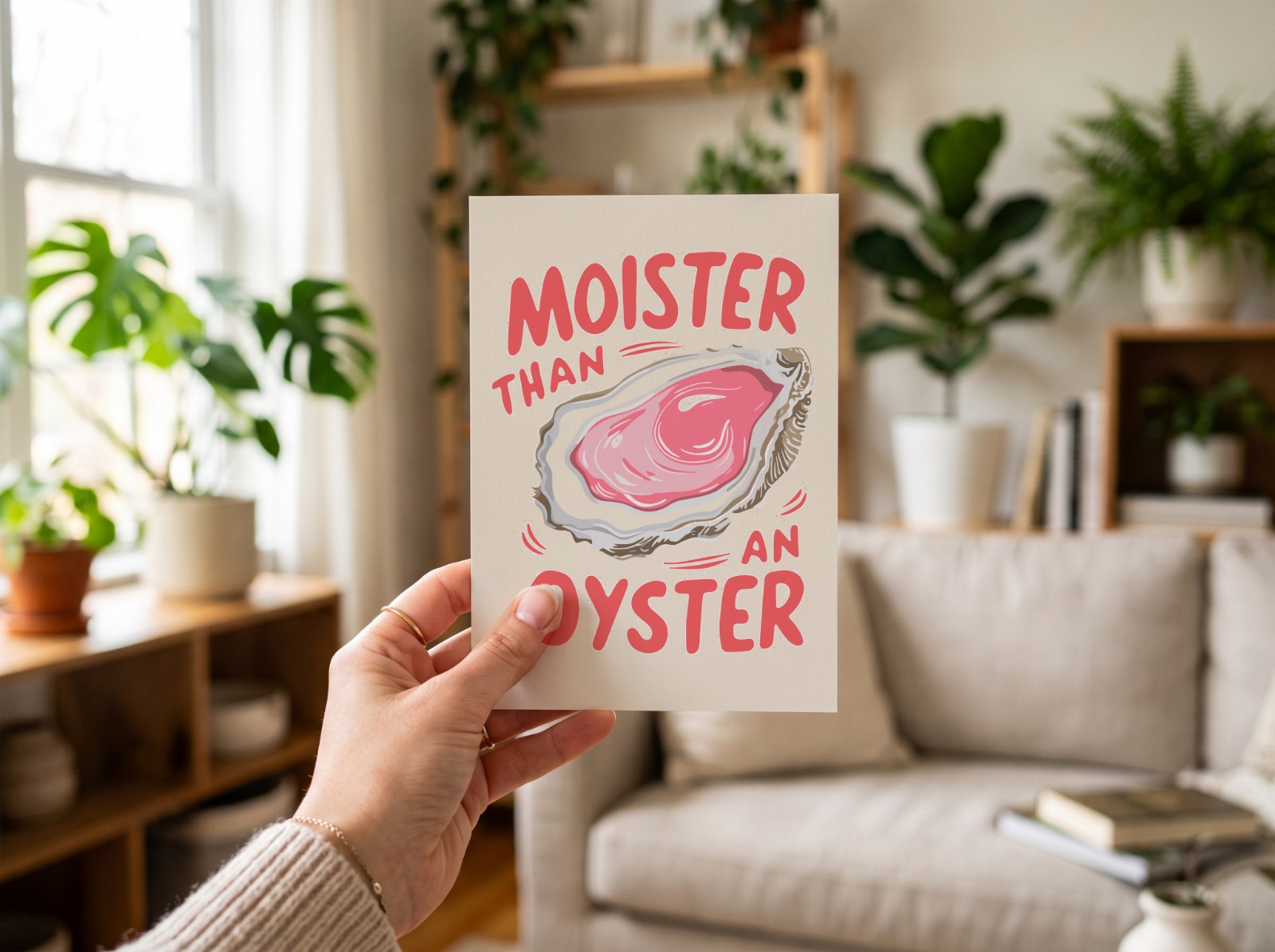 Greeting Card Held in Hand in a Bright Living Room showing the Moister Than an Oyster design