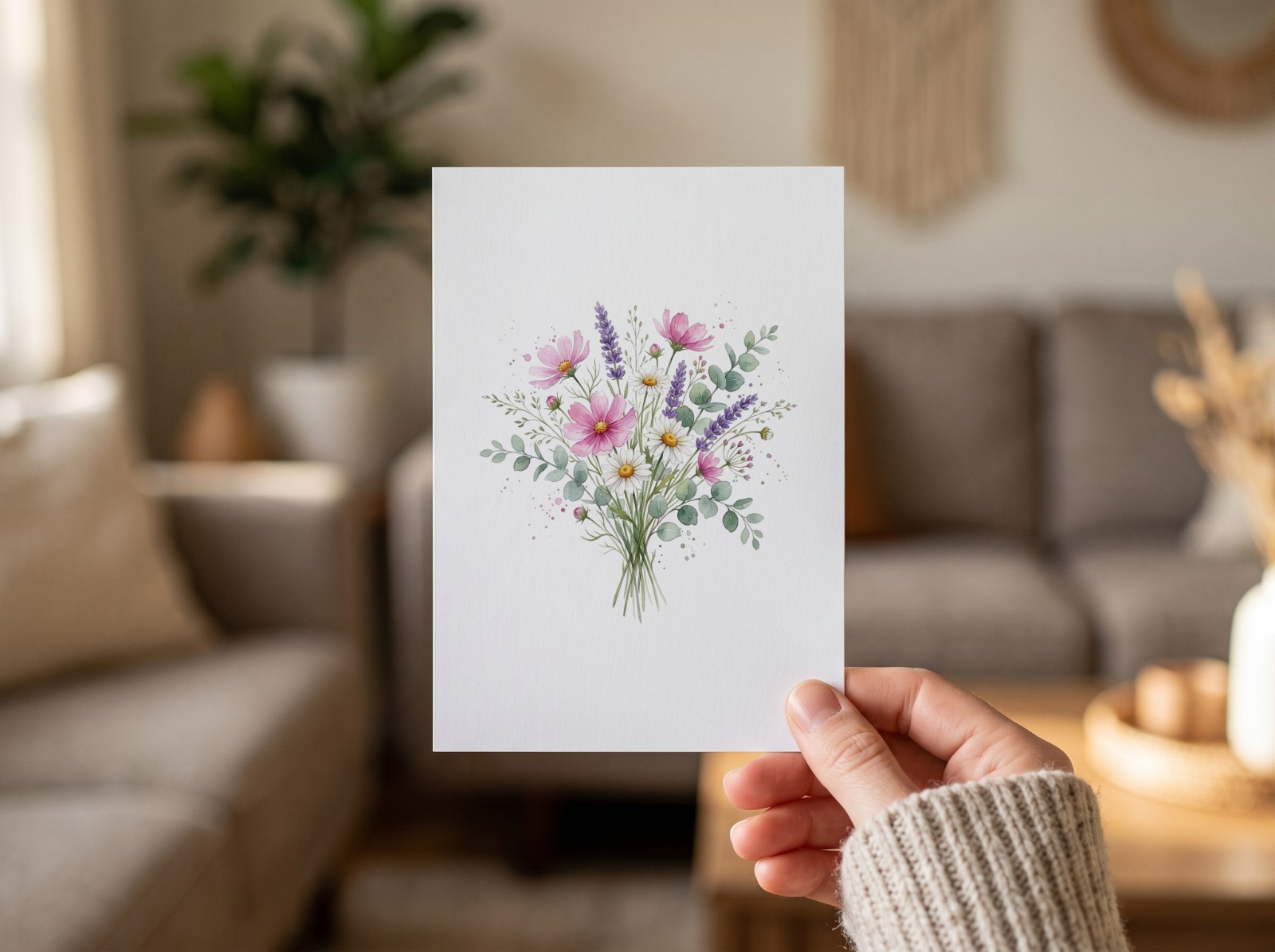 Greeting Card Mockup Held in a Hand in a Cosy Room example