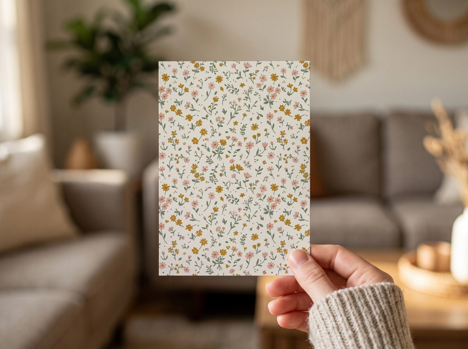 Greeting Card Held in a Hand in a Cosy Room showing a ditsy wildflower pattern