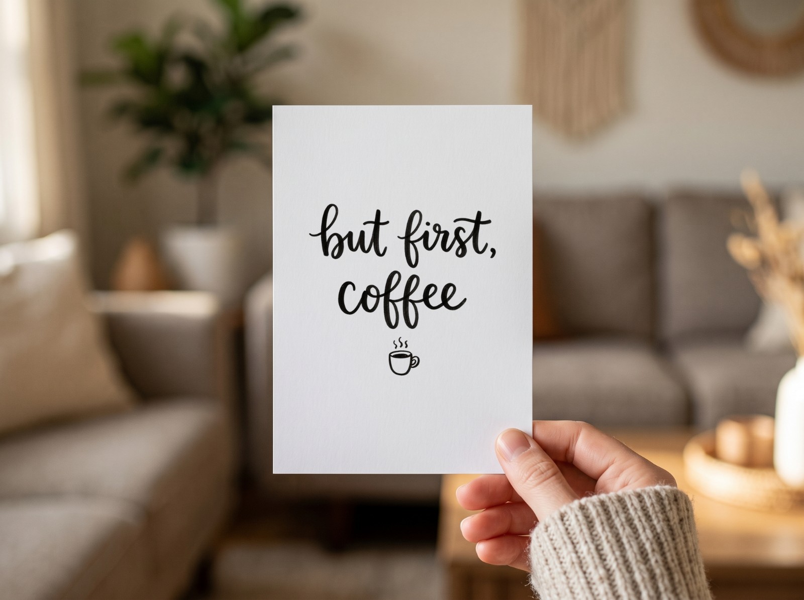 Greeting Card Held in a Hand in a Cosy Room showing a But First Coffee lettering design