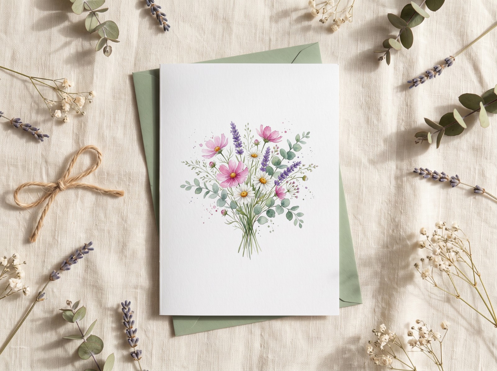 Greeting Card Mockup on a Sage Envelope with Dried Flowers example