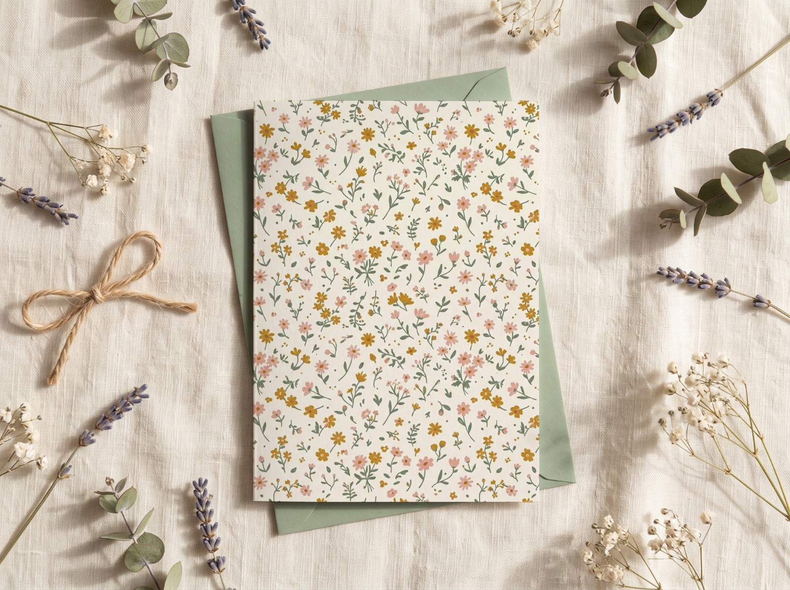 Greeting Card on a Sage Envelope with Dried Flowers showing a ditsy wildflower pattern