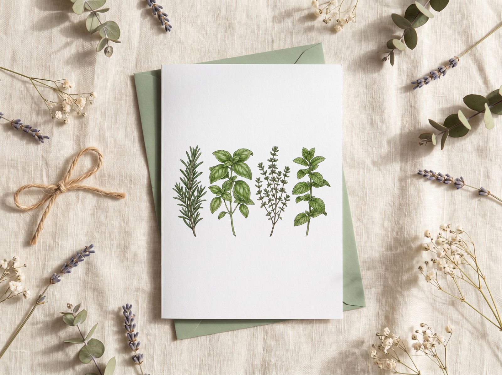 Greeting Card on a Sage Envelope with Dried Flowers showing a kitchen herbs illustration