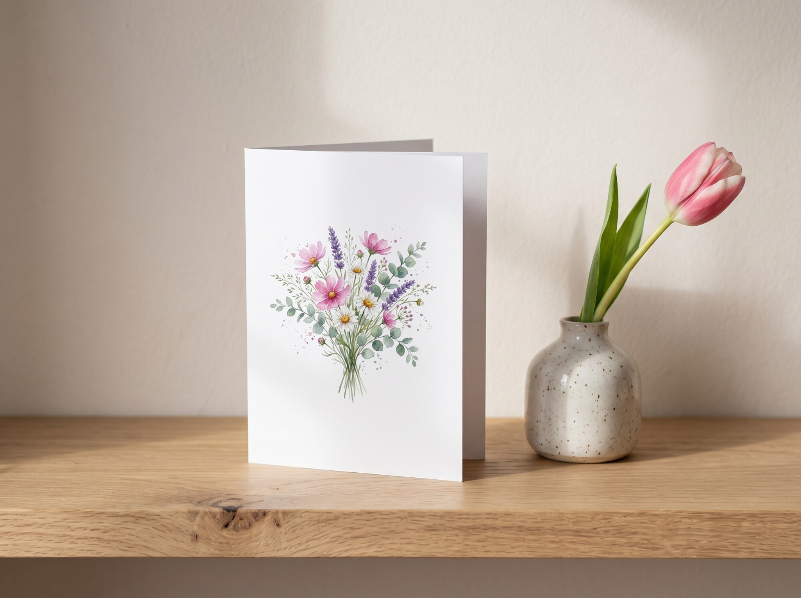 Standing Greeting Card Mockup on an Oak Shelf with a Tulip example