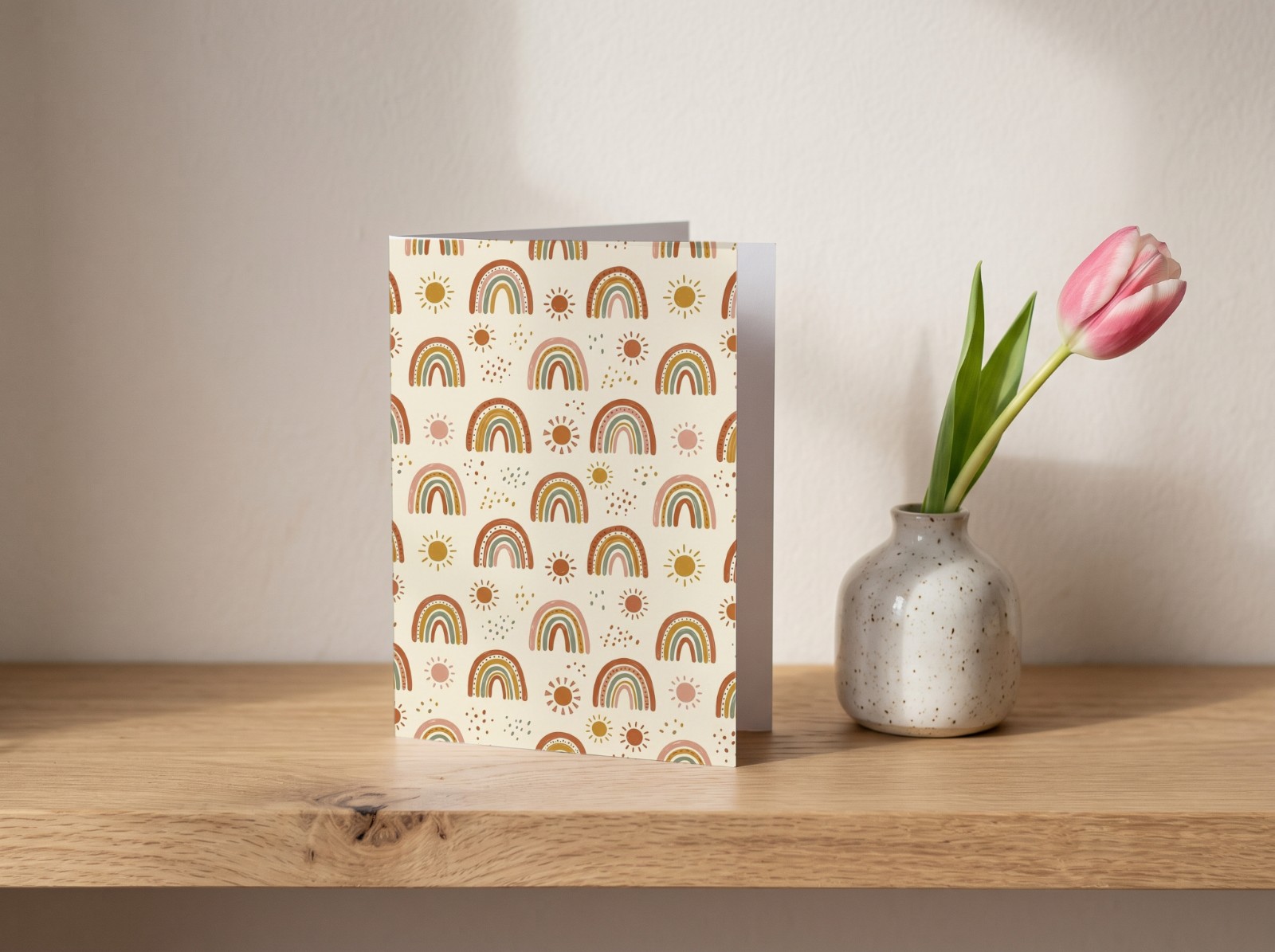 Standing Greeting Card on an Oak Shelf with a Tulip showing a boho rainbow pattern