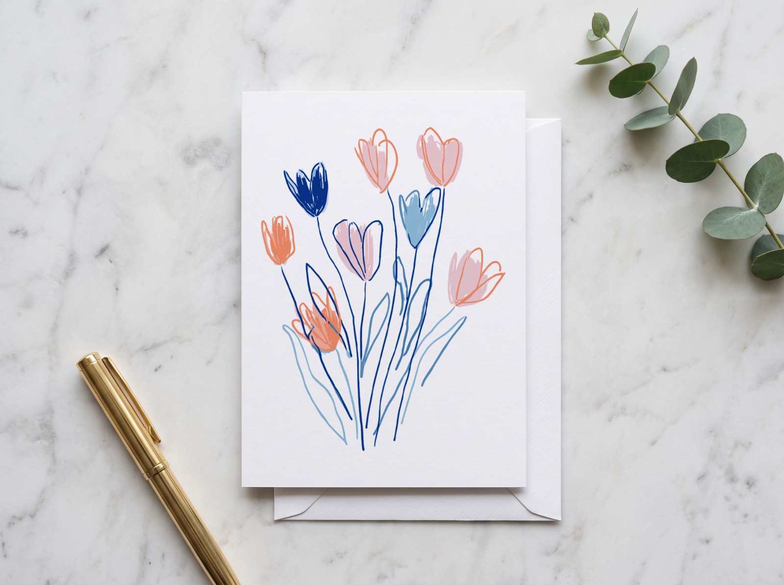 Greeting Card on White Marble with Eucalyptus showing the hand-drawn Flowers artwork