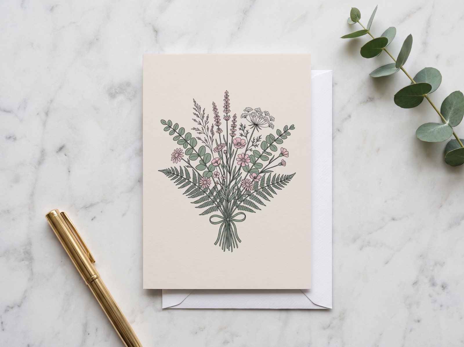 Greeting Card on White Marble with Eucalyptus showing the botanical bouquet line art