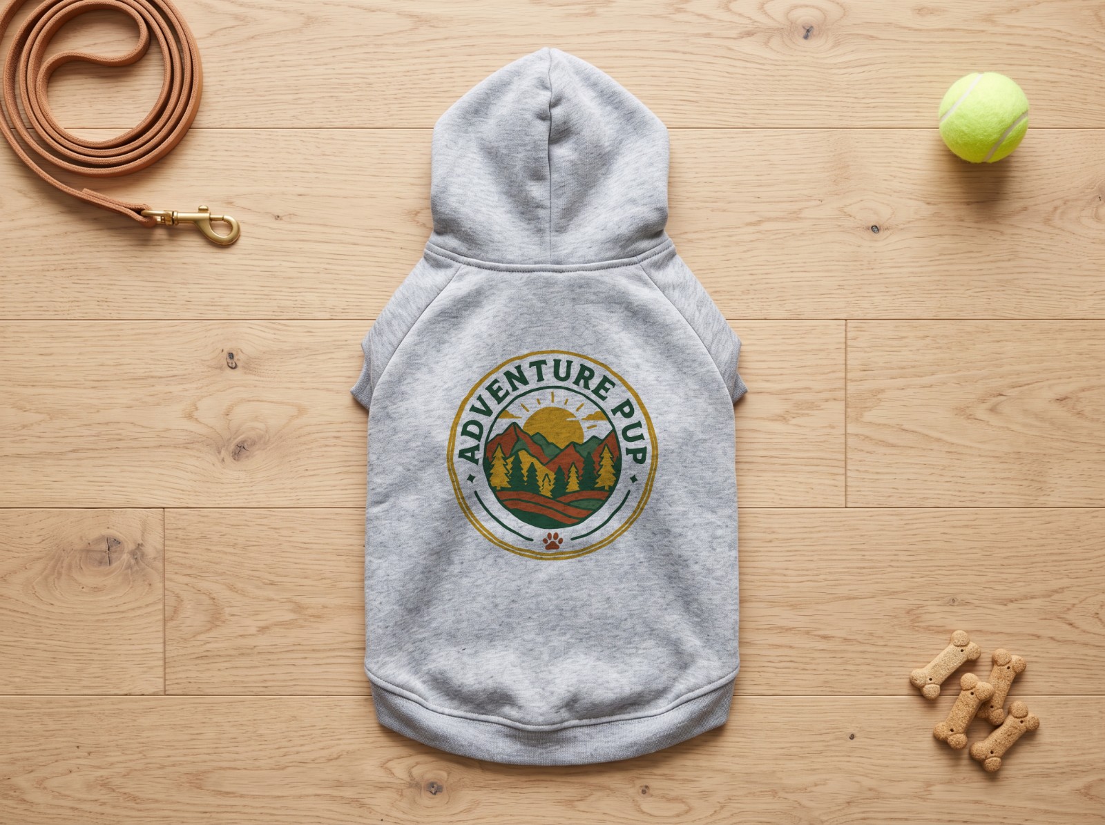 Grey Dog Hoodie Flat Lay Mockup on an Oak Floor example