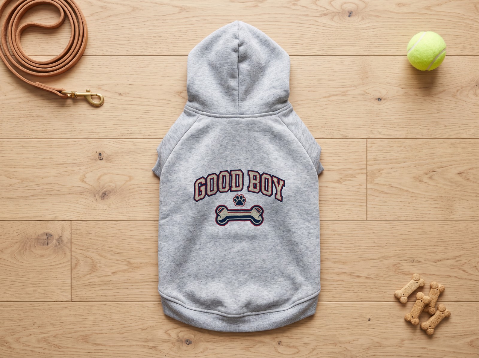 Grey Dog Hoodie Flat Lay on an Oak Floor showing a retro varsity Good Boy design